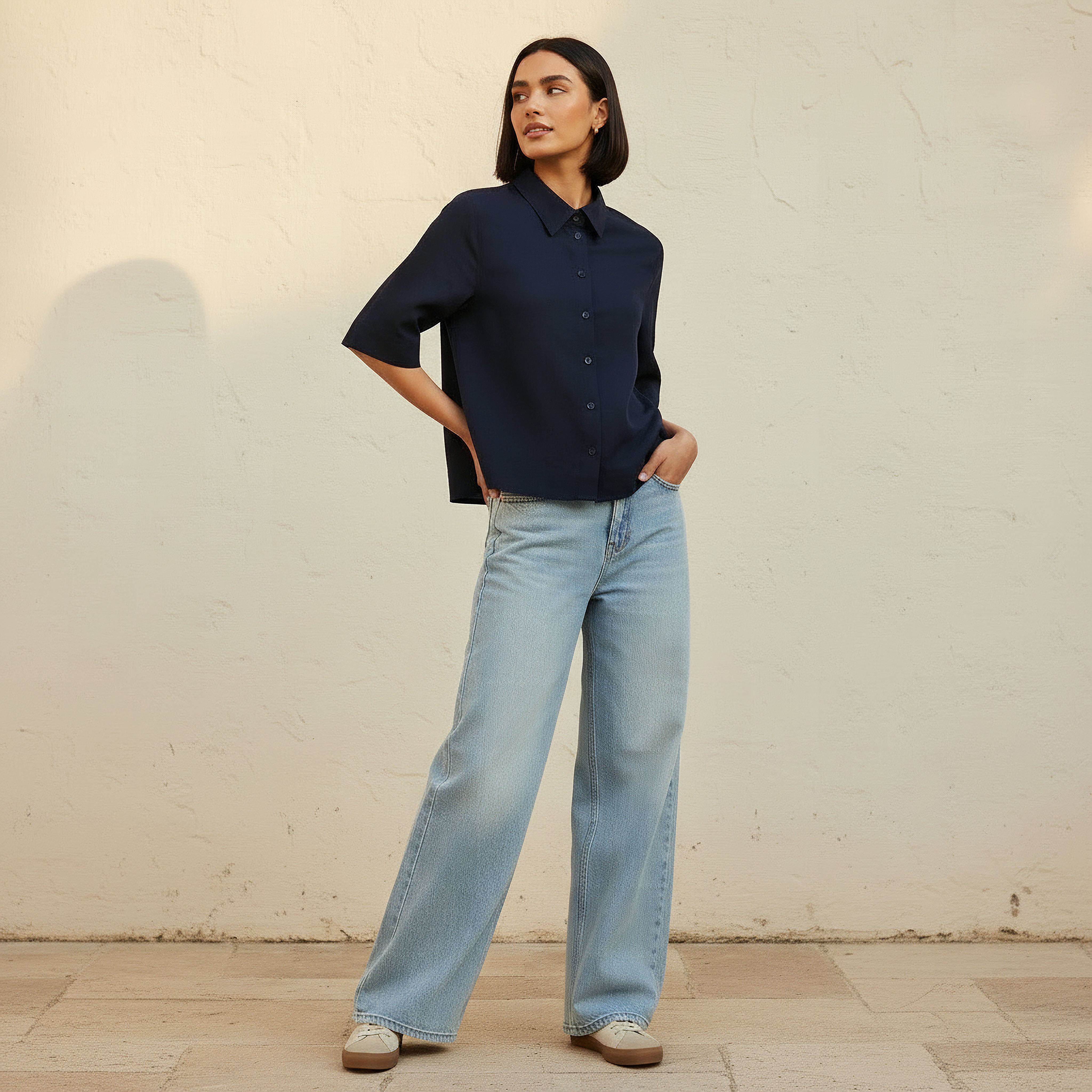 Relaxed Fit Linen Blend Shirt with Collar-women-clothing-shirtsandblouses-shirts-image-3