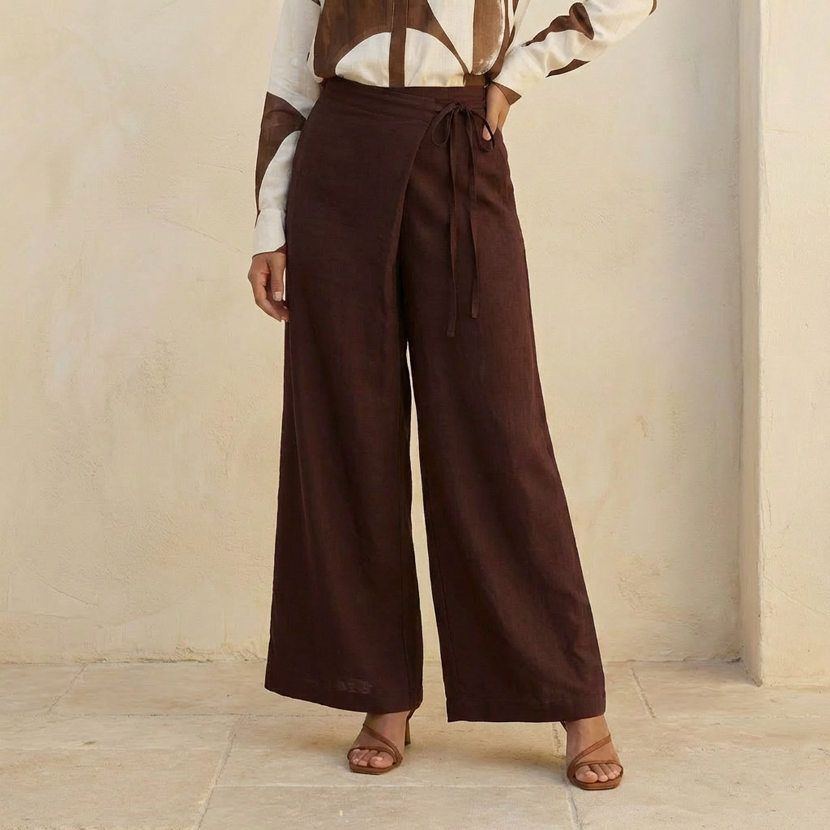 Relaxed Fit Tie-Up Detail Linen Blend Pants-women-clothing-coordsets-image-1