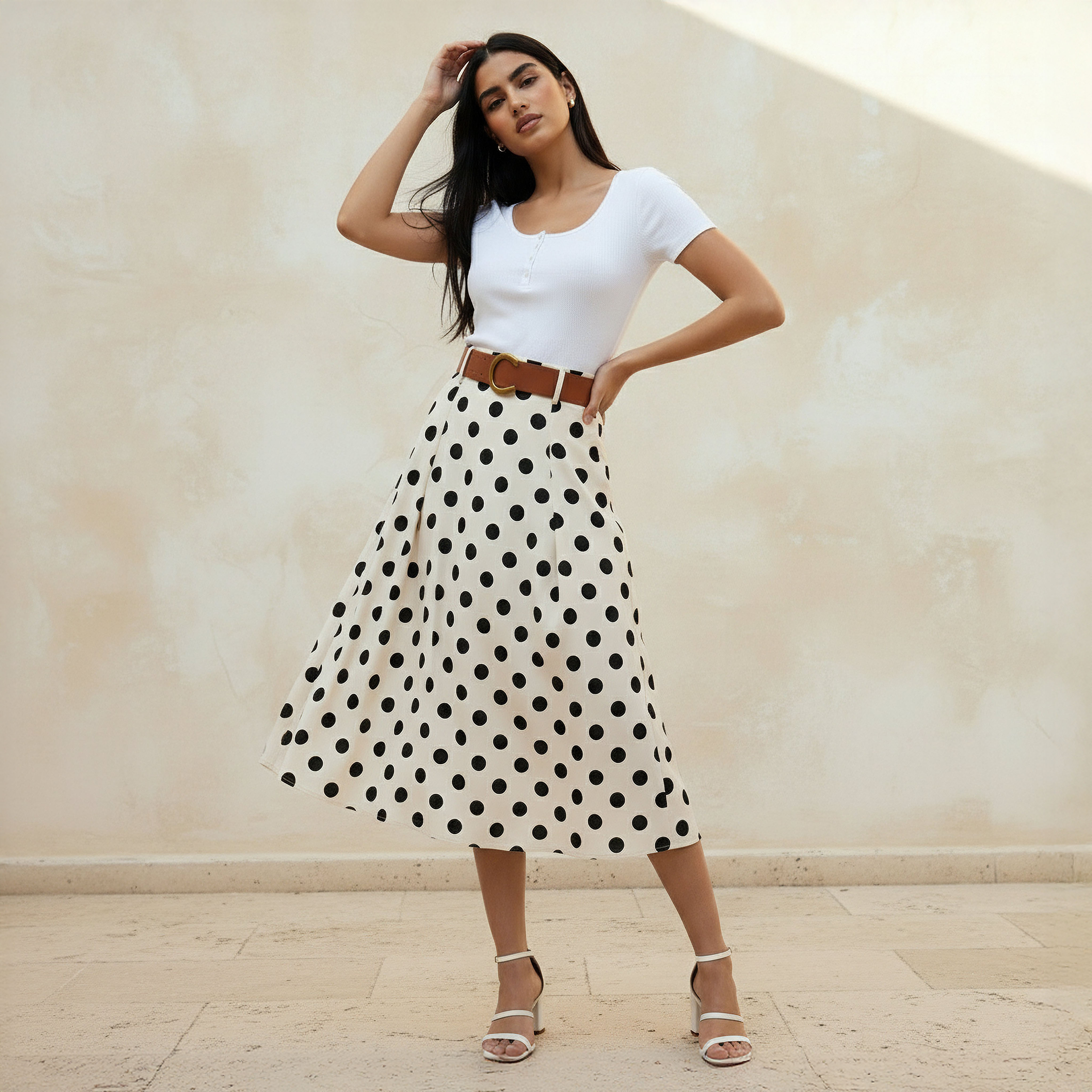 Midi Cotton A-line Skirt with Polka Dot Print-women-clothing-bottoms-skirts-image-3