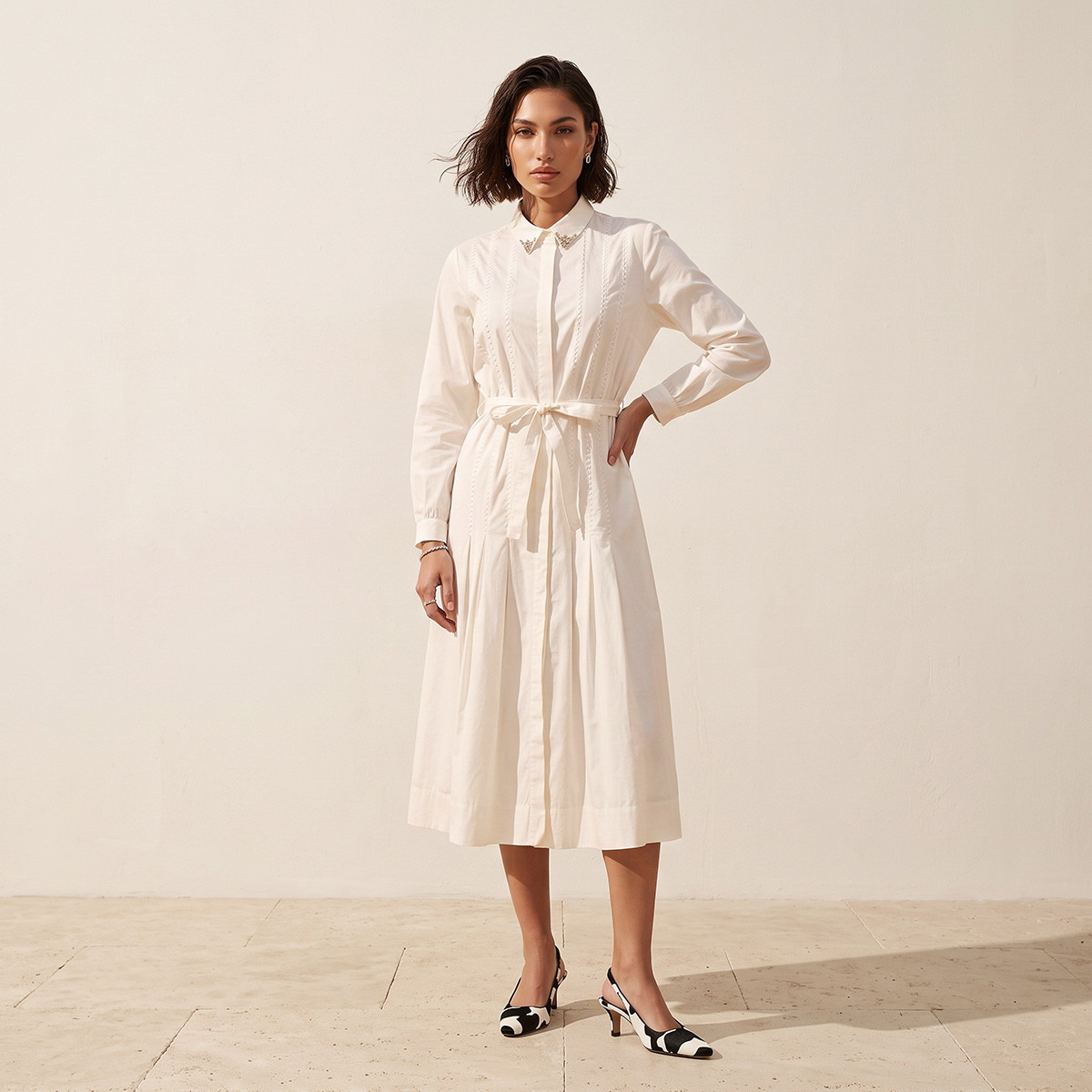 Splash Smart Midi Cotton Shirt Dress with Tie-Up Belt-women-clothing-dresses-image-2