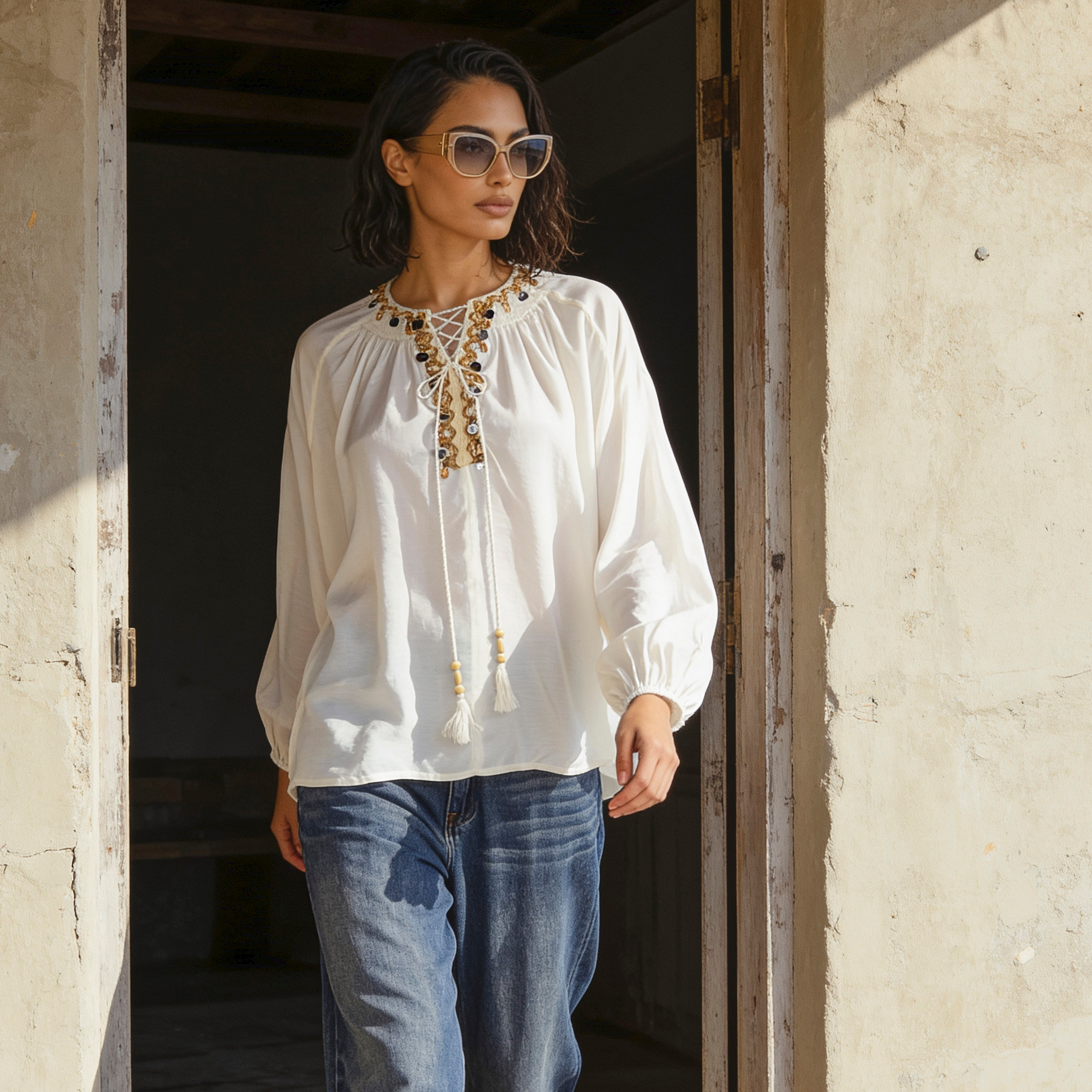 بلوزة فيسكوز مزيّنة بقصّة مريحة-women-clothing-shirtsandblouses-blouses-image-1