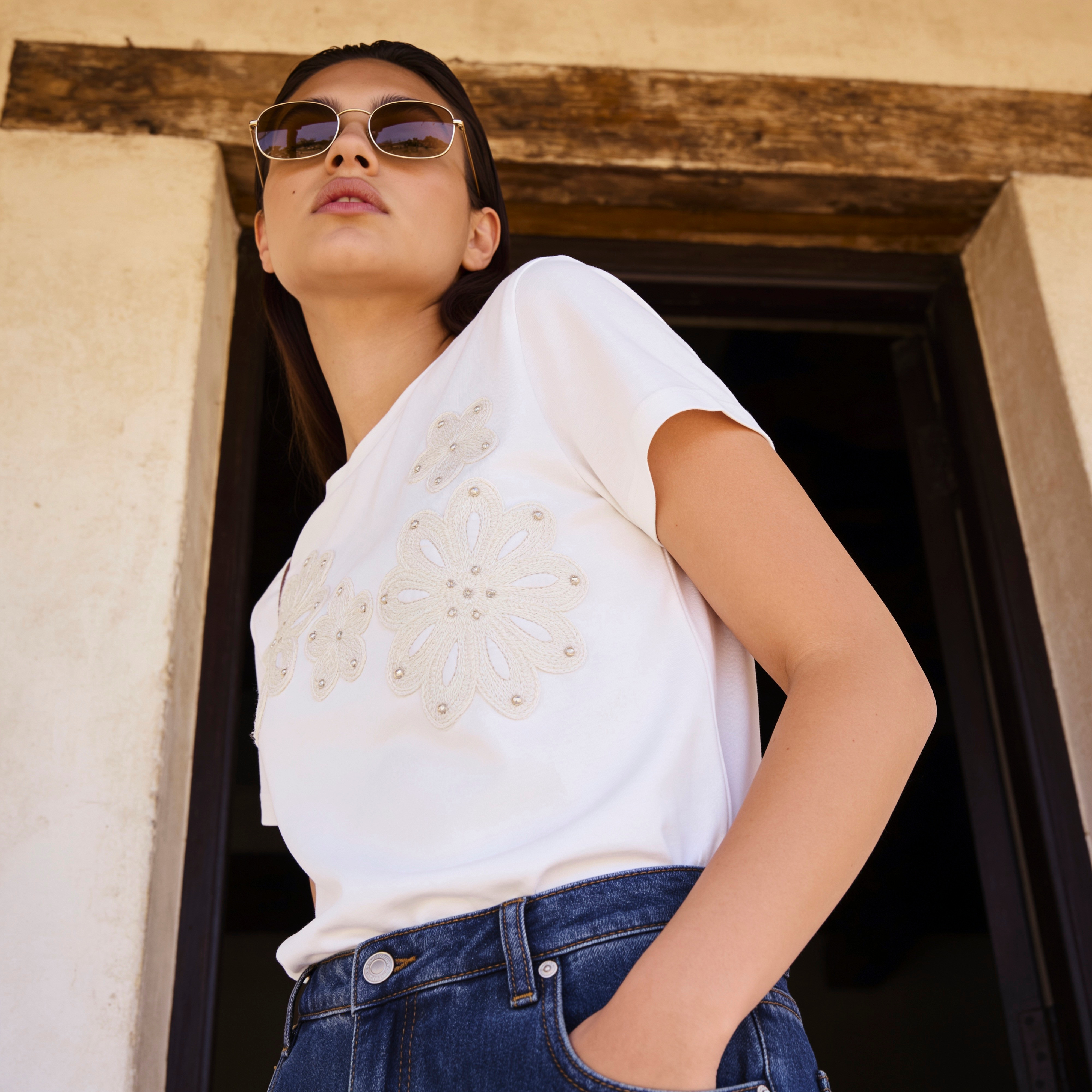 Relaxed Fit T-shirt with Crochet Floral Embellishment-women-clothing-tshirts-image-1