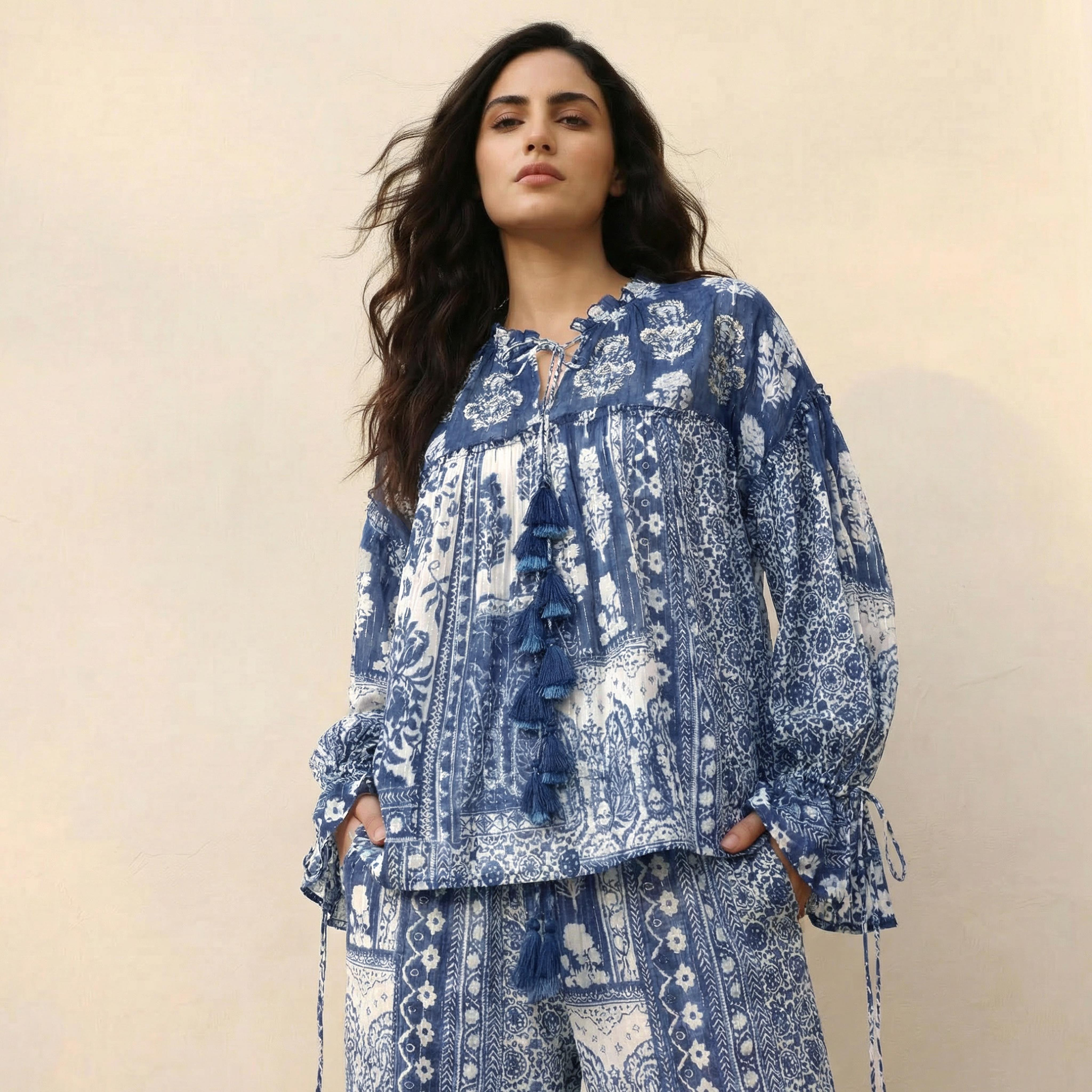 Woven Tie-Up Neck Top with Printed Design-women-clothing-shirtsandblouses-blouses-image-1