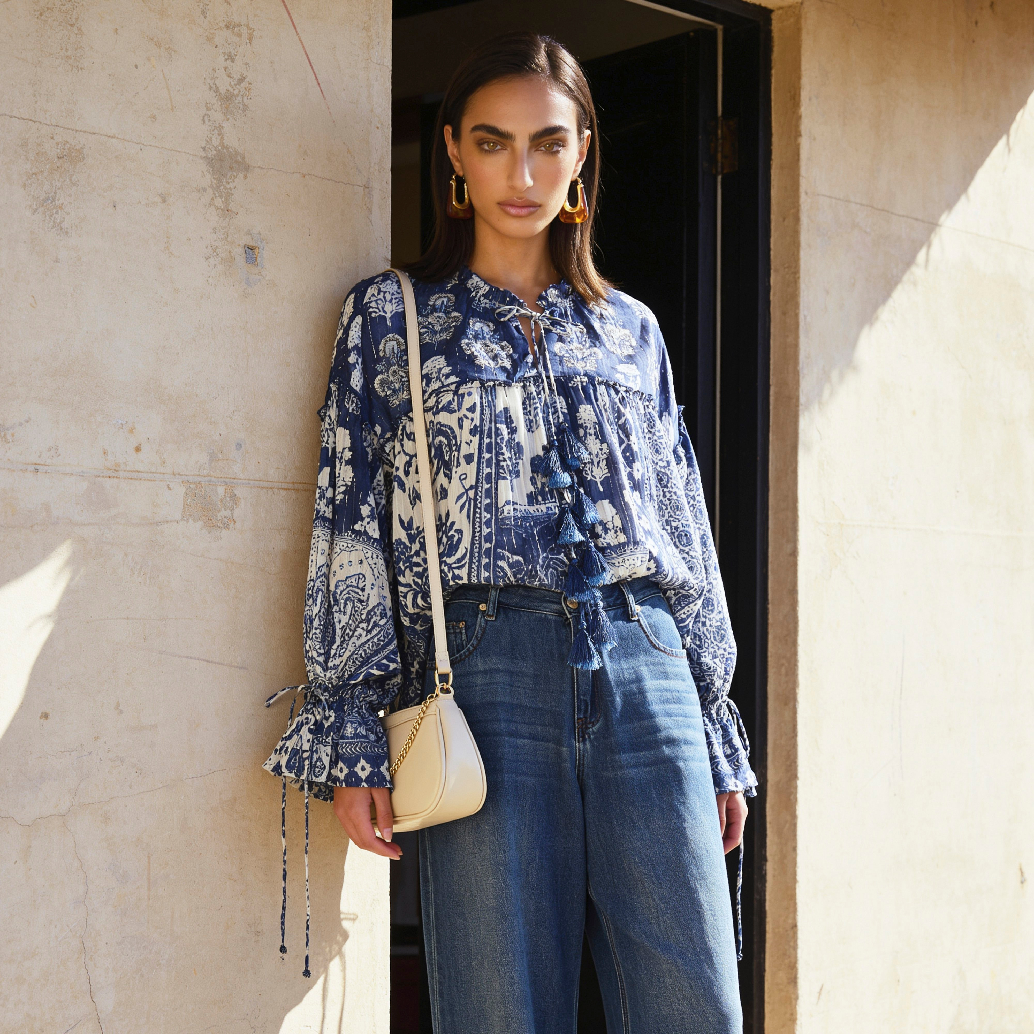 بلوزة منسوجة بتصميم طبعات وياقة برباط-women-clothing-shirtsandblouses-blouses-image-1