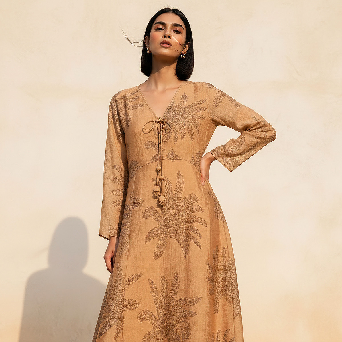A-line Midi Dress with Leaf Print-women-clothing-dresses-image-3