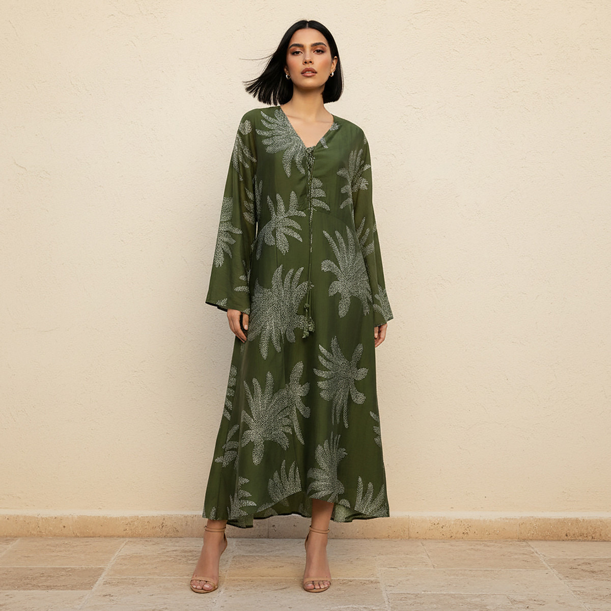 A-line Midi Dress with Leaf Print-women-clothing-dresses-image-1