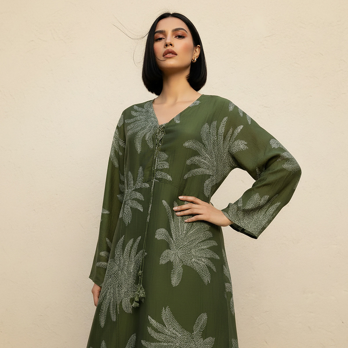 A-line Midi Dress with Leaf Print-women-clothing-dresses-image-3