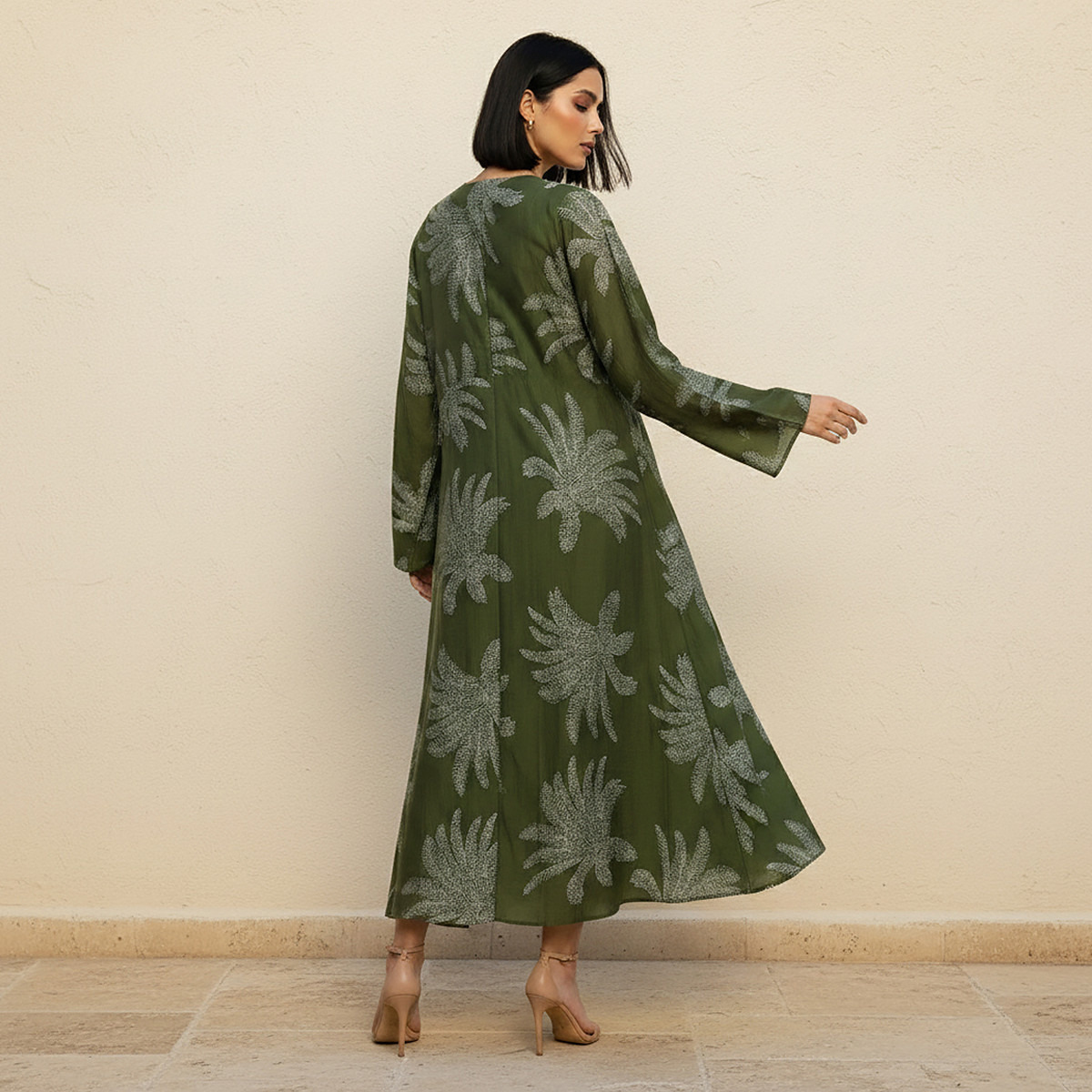 A-line Midi Dress with Leaf Print-women-clothing-dresses-image-4