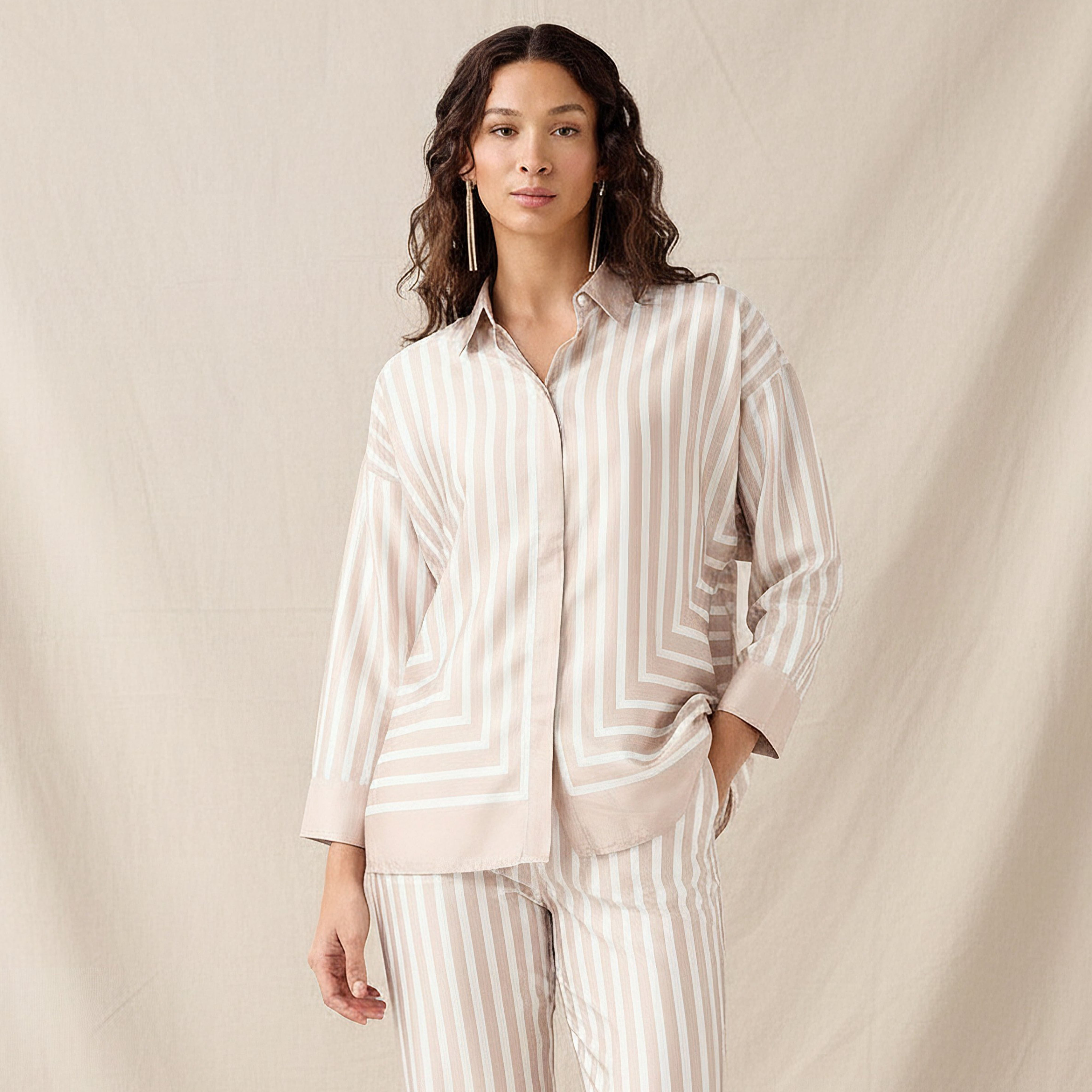 Relaxed Fit Shirt with Stripes and Contrast Collar-women-clothing-shirtsandblouses-shirts-image-1