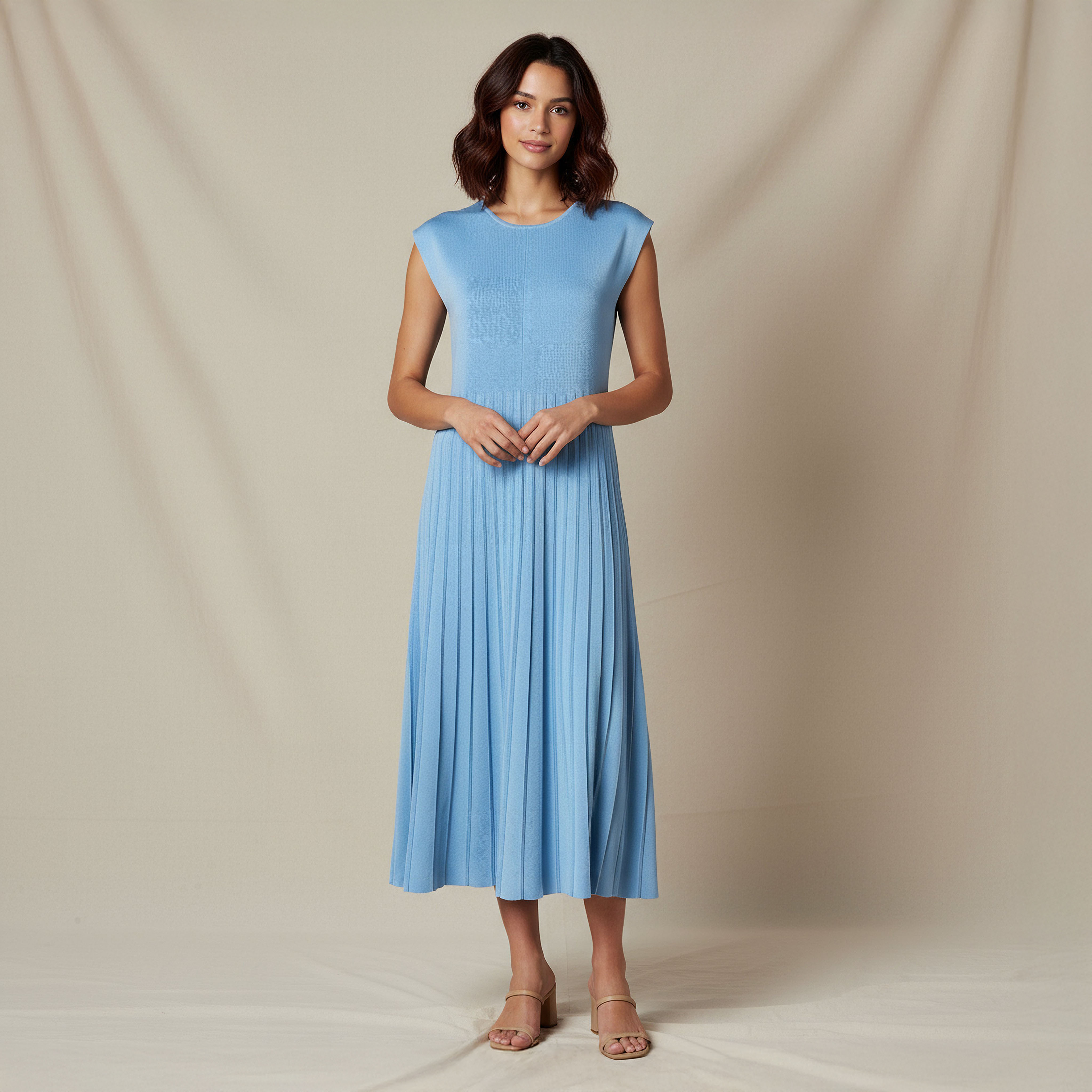 A-line Midi Sleeveless Dress with Pleated Design-women-clothing-dresses-image-1