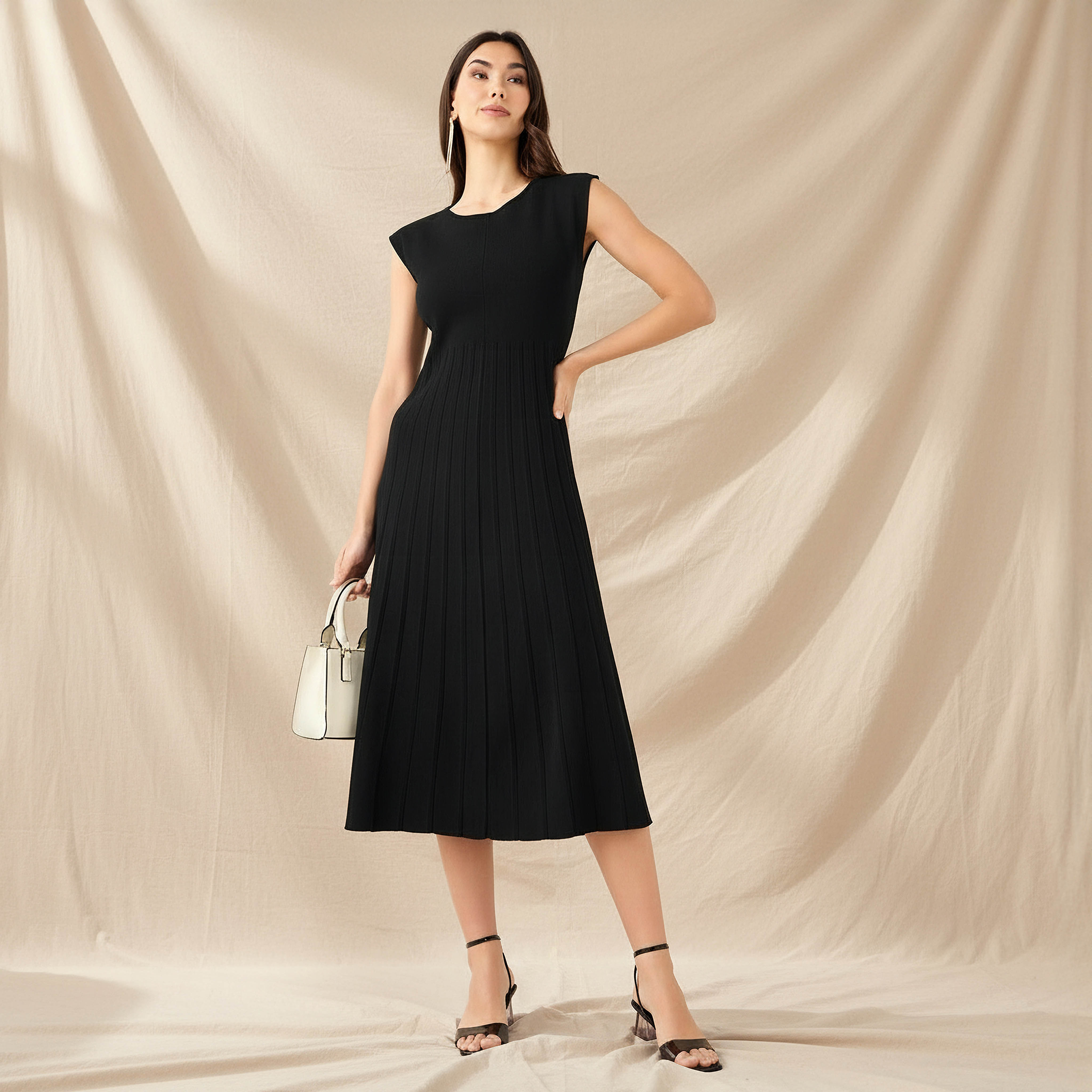A-line Midi Sleeveless Dress with Pleated Design-women-clothing-dresses-image-1