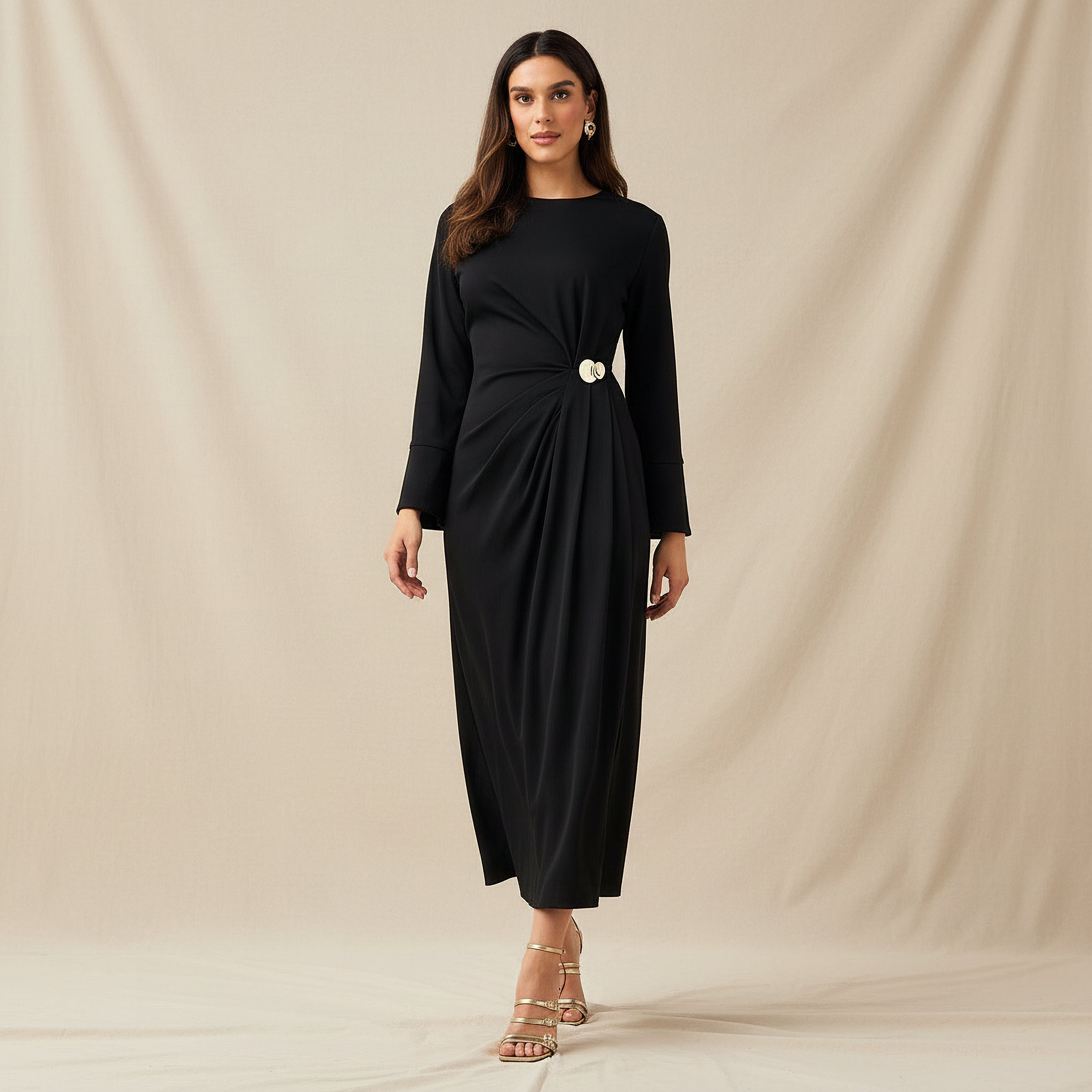 A-line Midi Dress with Draped Design-women-clothing-dresses-image-1