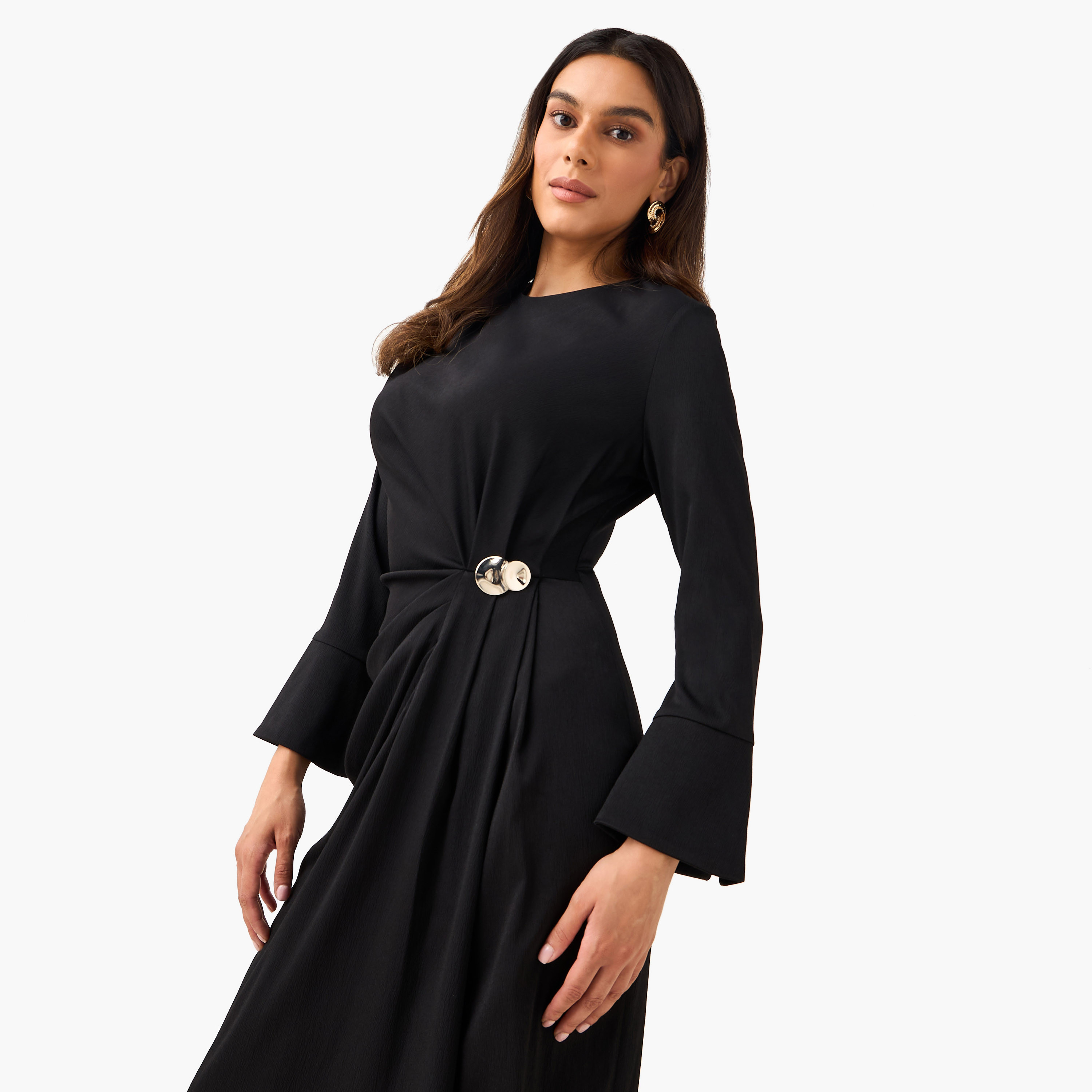 A-line Midi Dress with Draped Design-women-clothing-dresses-image-5