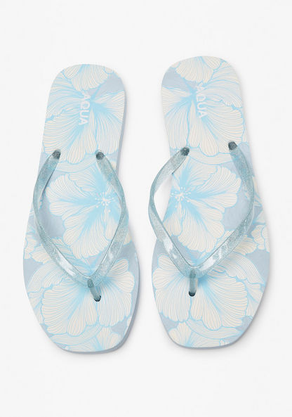 Aqua Floral Print Slip-On Flip Flops-Women%27s Flip Flops & Beach Slippers-image-0