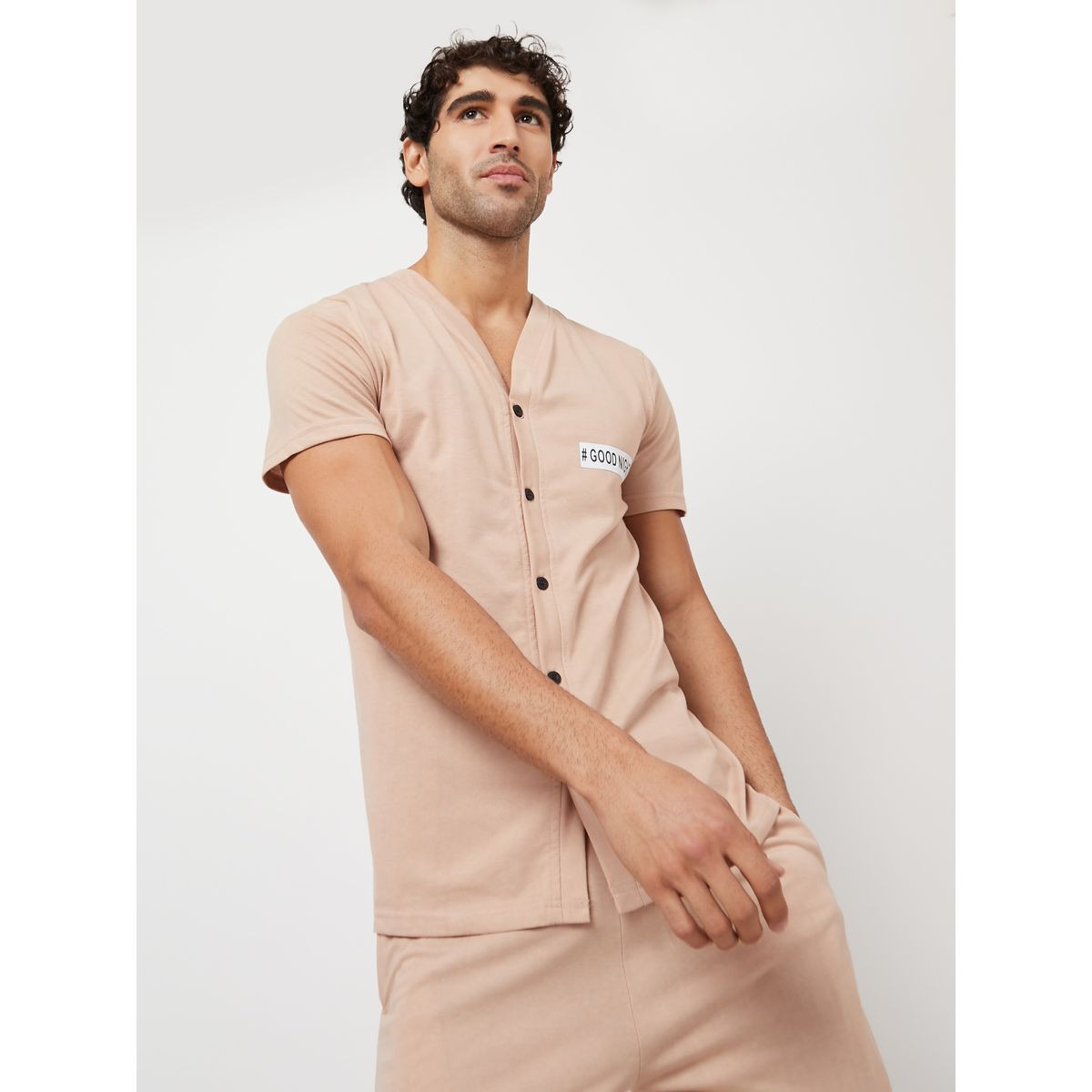 Styli Unwind Slogan Print Button Detail T-shirt and Shorts Nightwear Set-men-clothing-nightwear-sets-image-2
