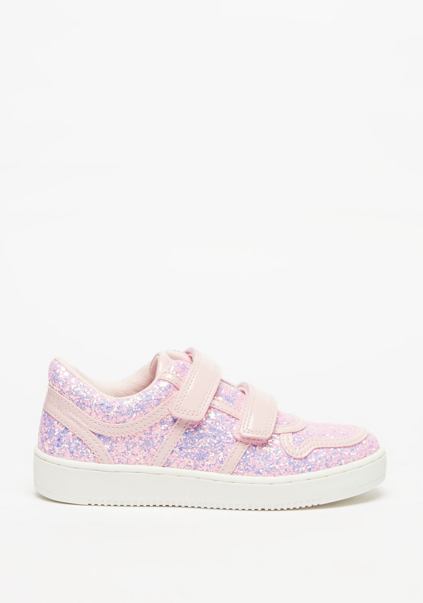 Little Missy Glitter Textured Sneakers with Hook and Loop Closure-Girl%27s Sneakers-image-0
