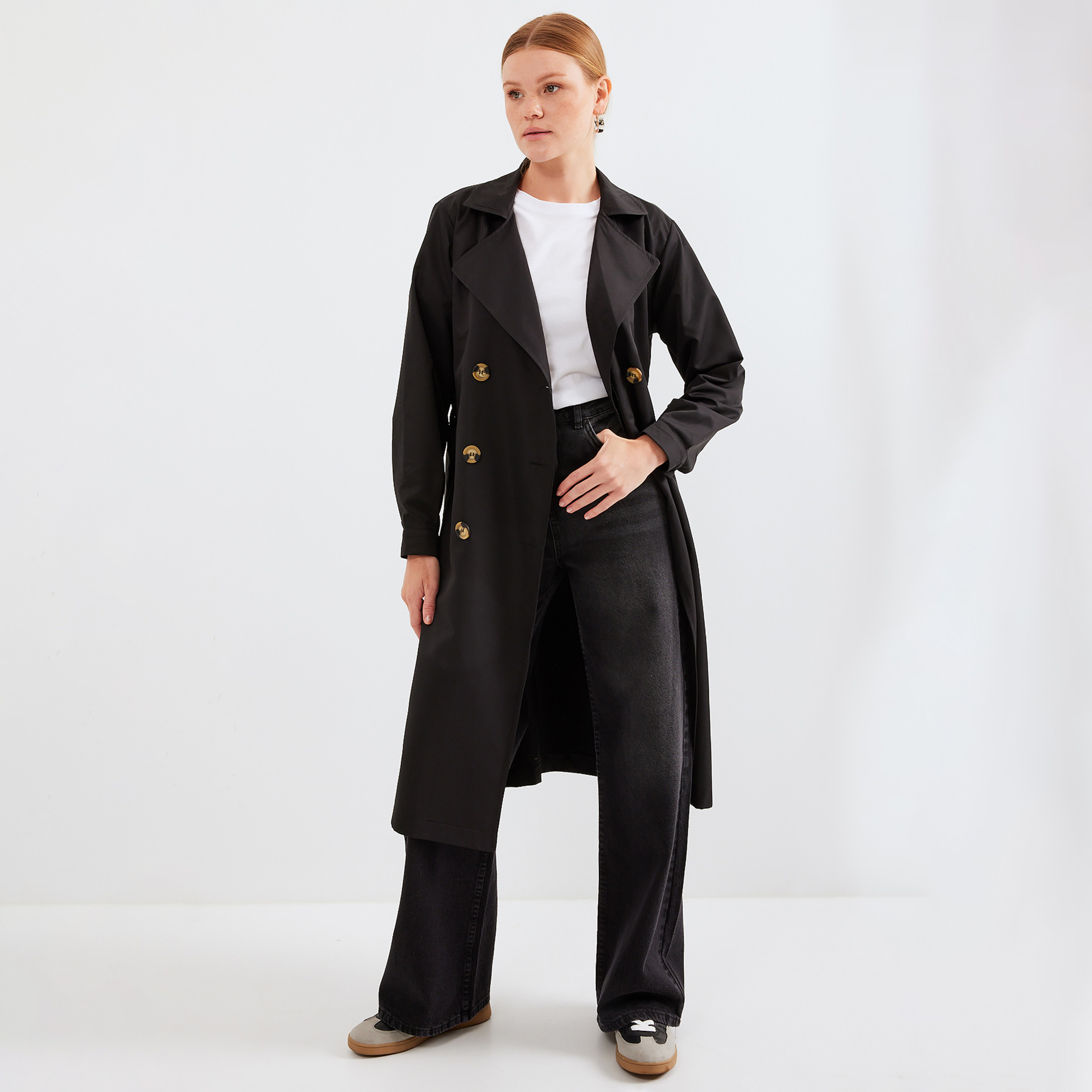 معطف ترنش مزدوج الصدر بياقة مطوية نسائي باللون الأسود من بيجدارت-women-clothing-coatsandjackets-coats-image-2