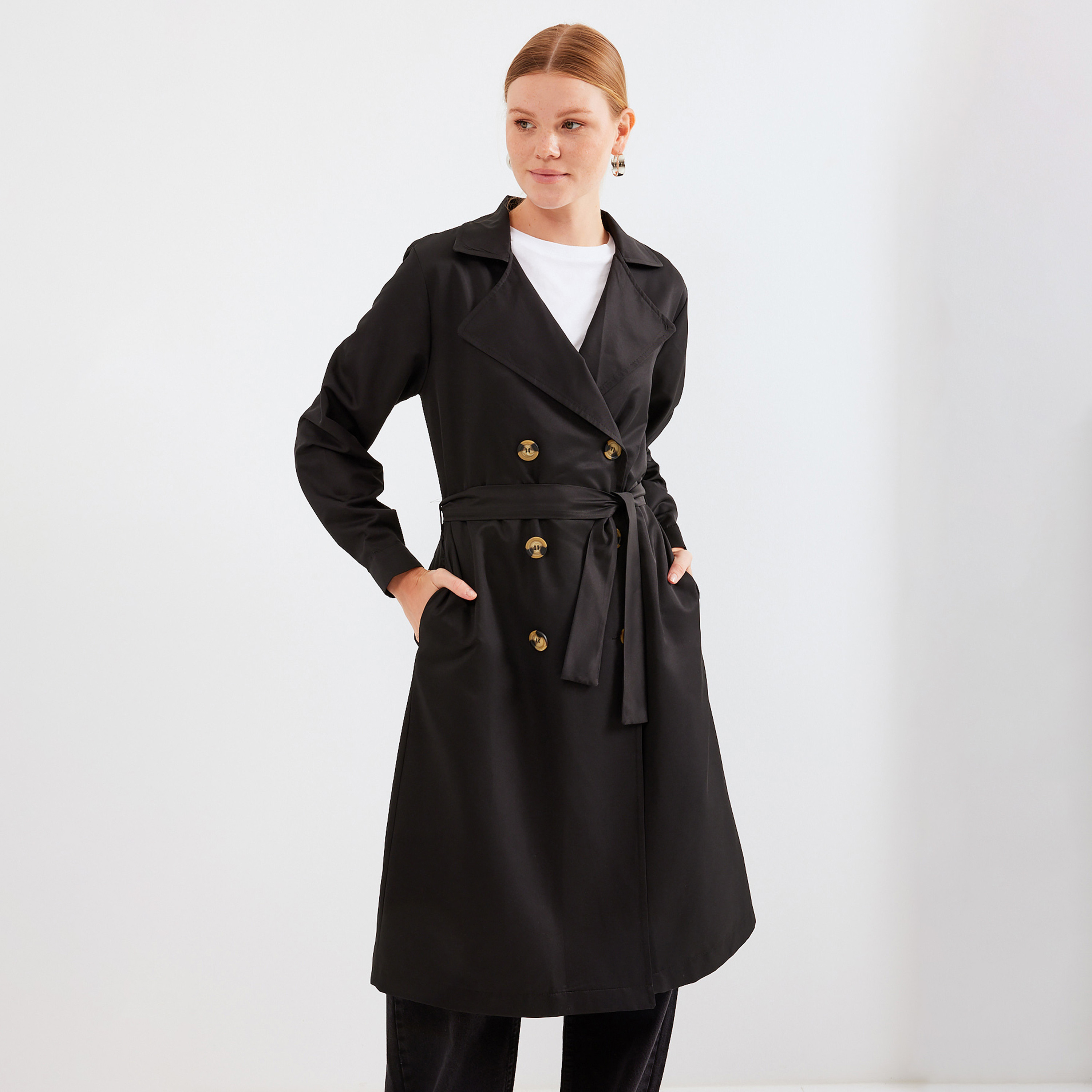 معطف ترنش مزدوج الصدر بياقة مطوية نسائي باللون الأسود من بيجدارت-women-clothing-coatsandjackets-coats-image-4