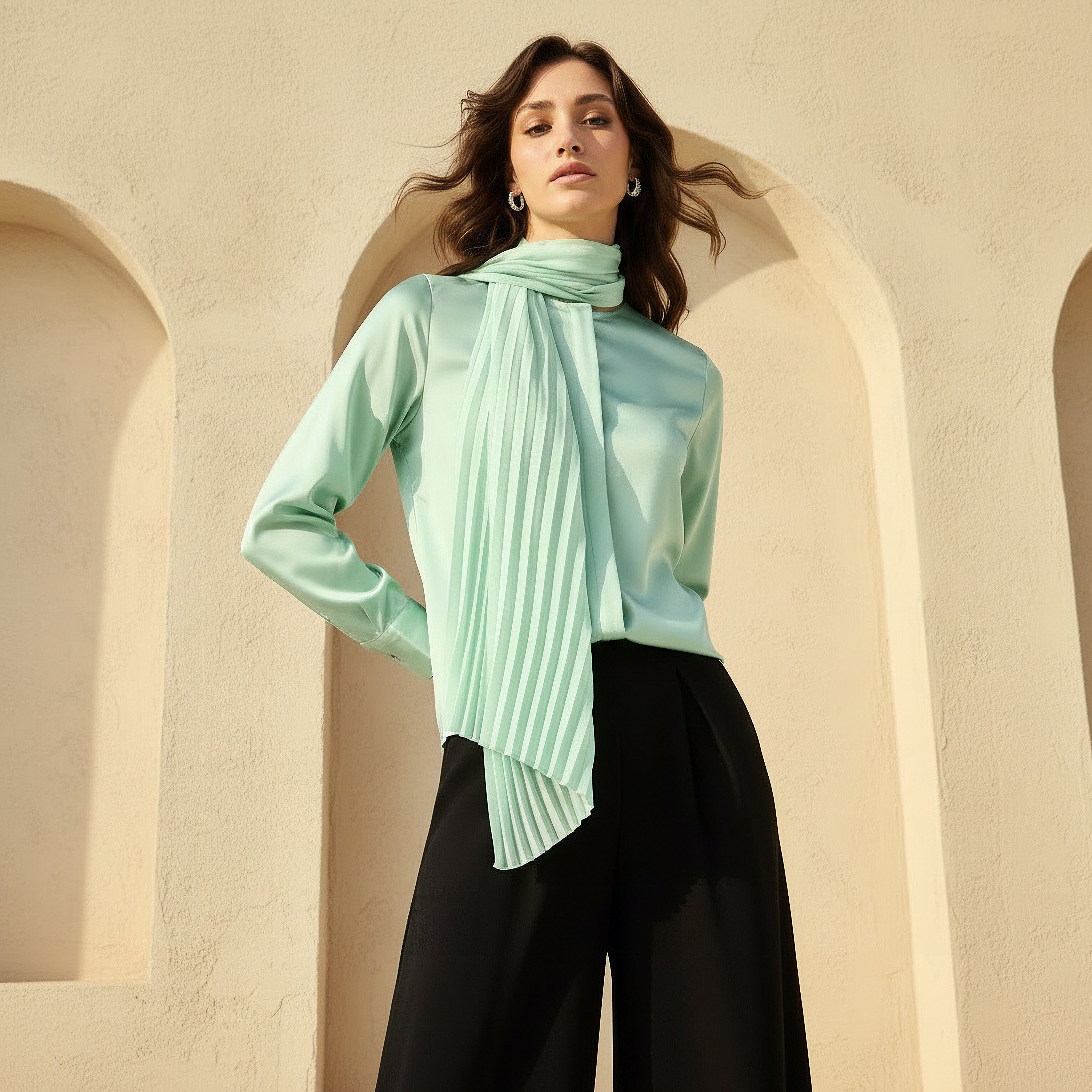 Regular Fit Shirt with Attached Scarf-women-clothing-shirtsandblouses-shirts-image-1