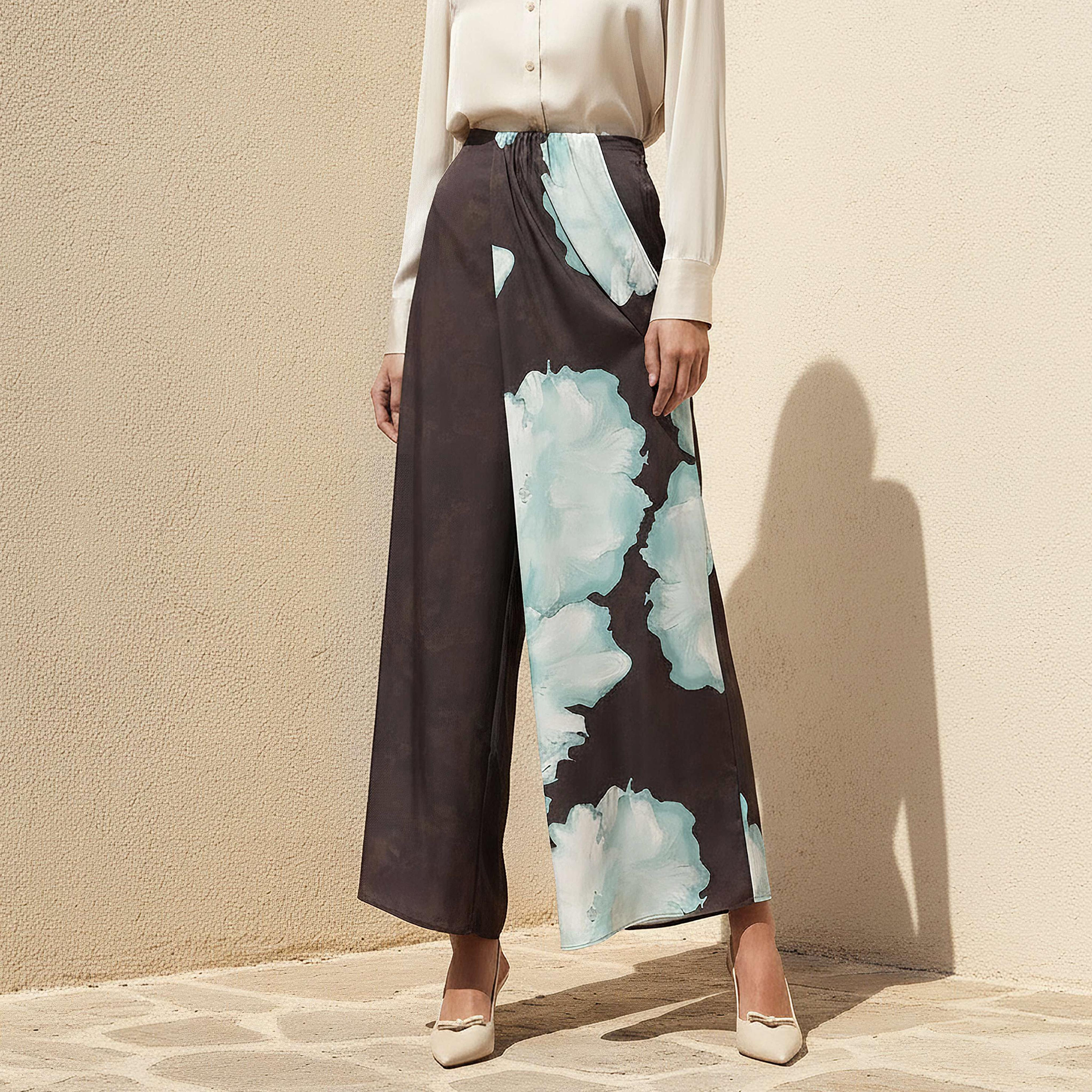 Wide Leg Flexi Waist Floral Print Drape Pants-women-clothing-bottoms-trousers-image-1