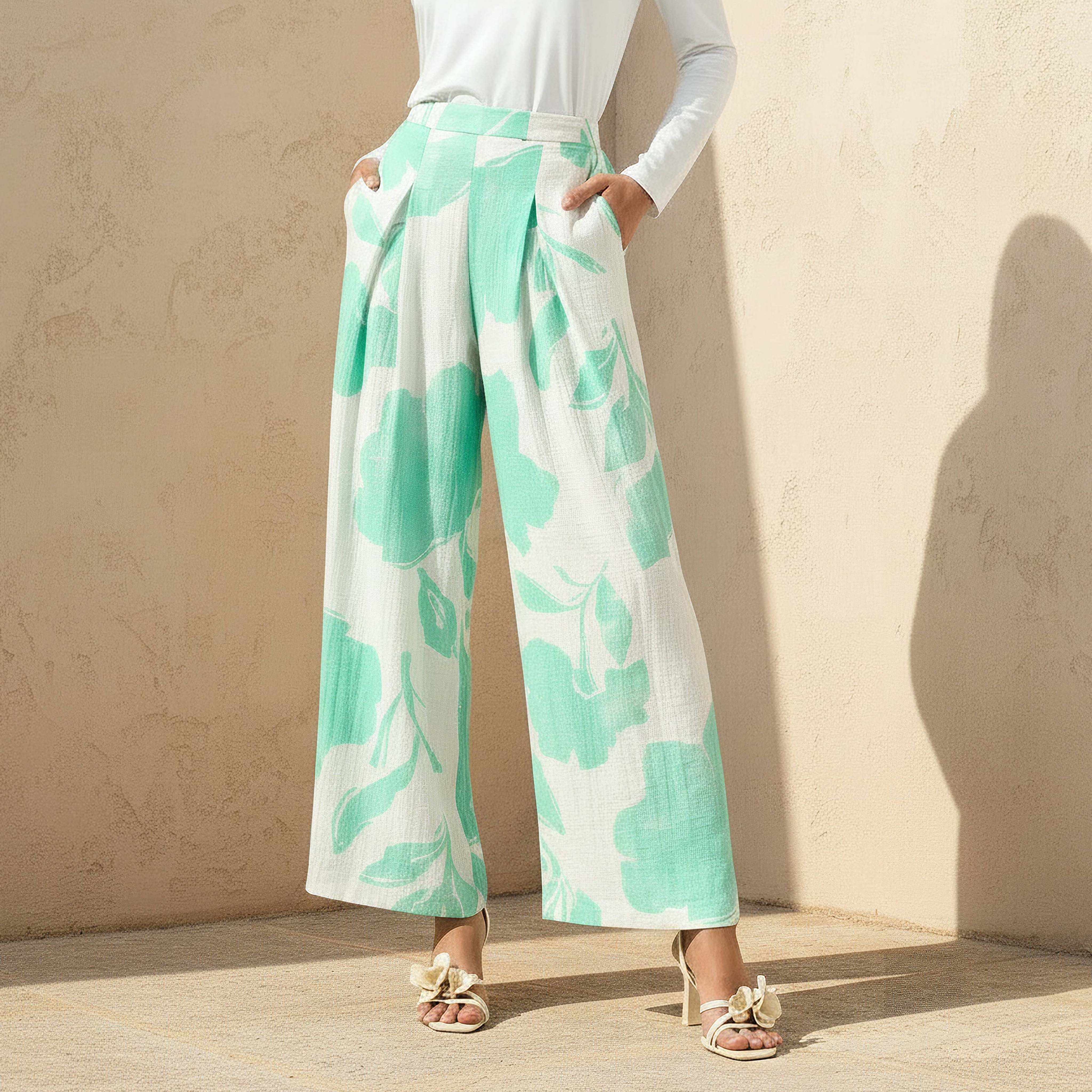 Wide Leg Floral Print Pleated Pants-women-clothing-bottoms-trousers-image-1