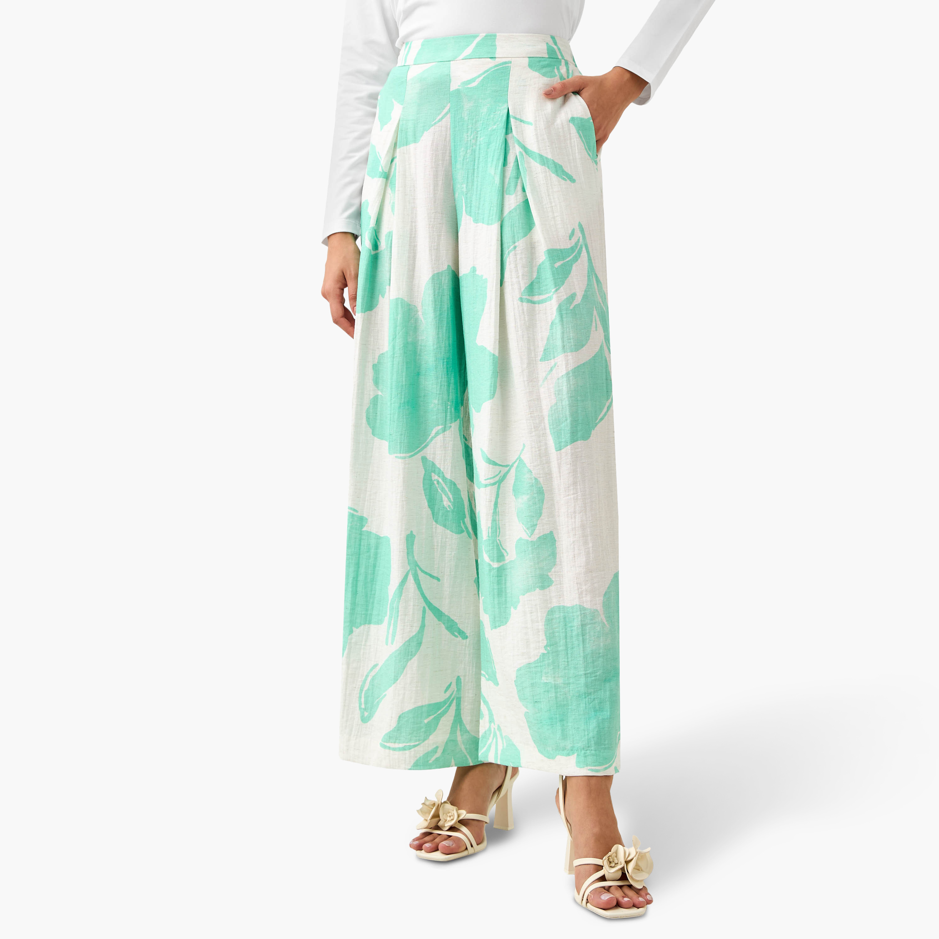Wide Leg Floral Print Pleated Pants-women-clothing-bottoms-trousers-image-3