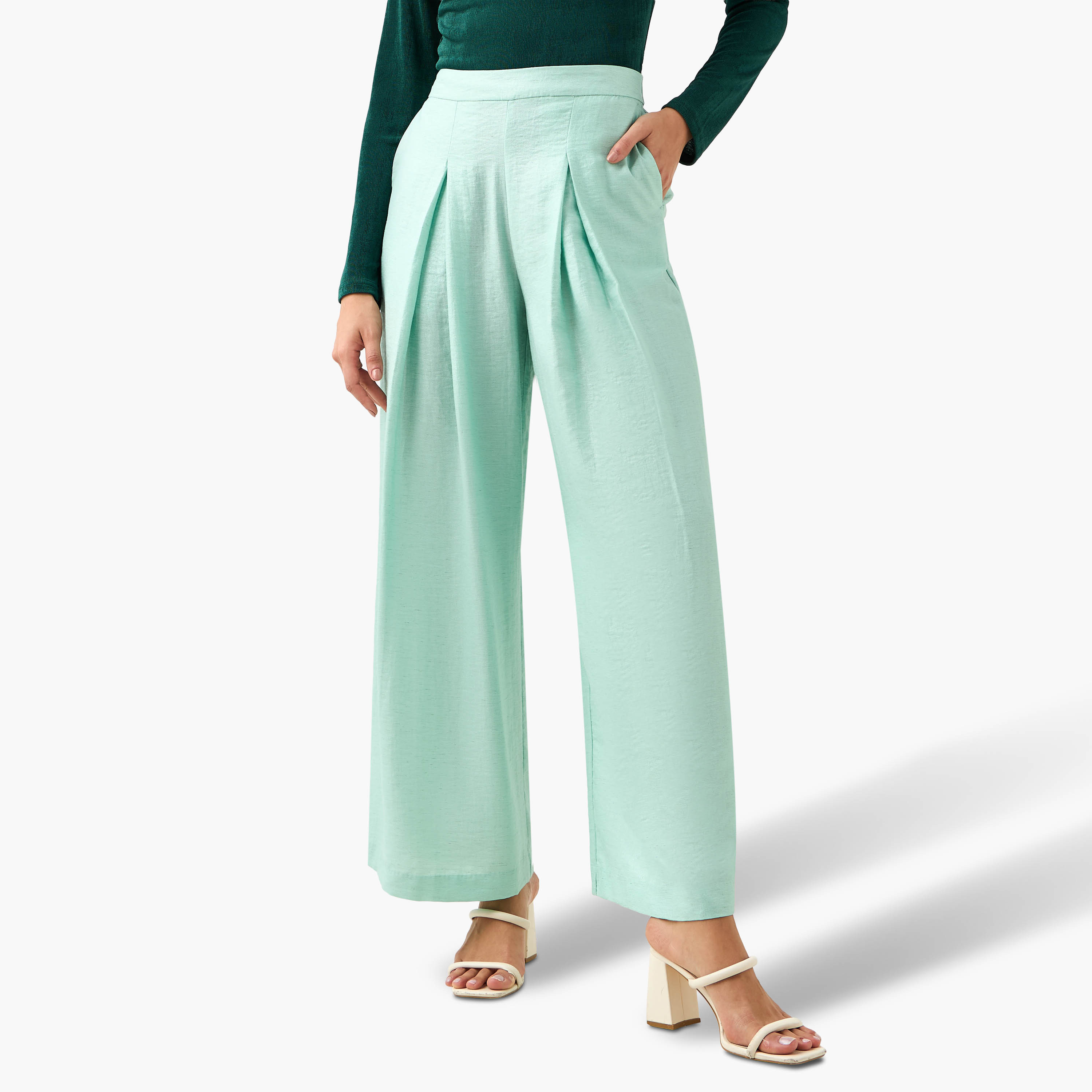 Wide Leg Solid Pleated Pants-women-clothing-bottoms-trousers-image-2