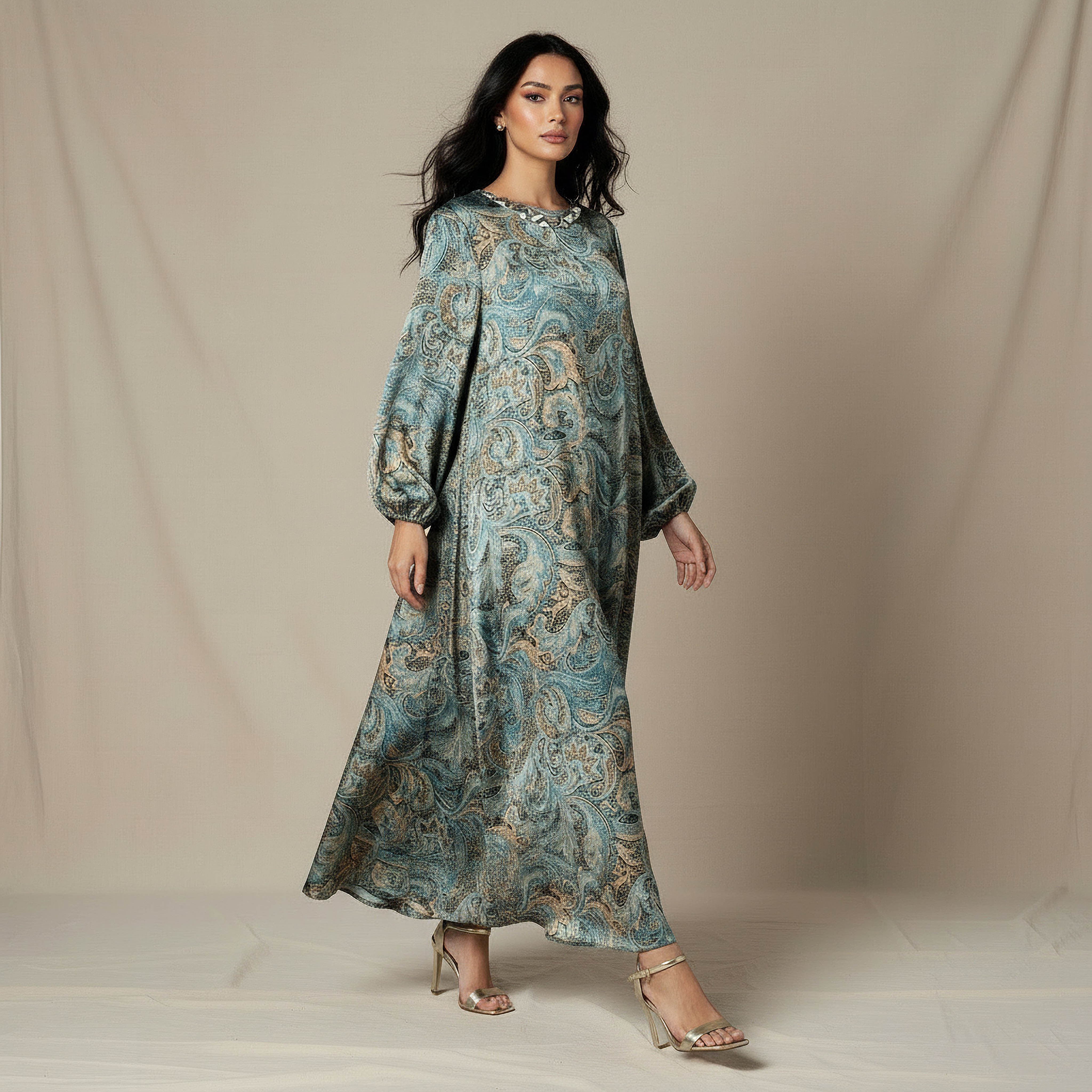 فستان ميدي إيه لاين بطبعات بيزلي وتفاصيل تزيينات-women-clothing-dresses-image-2