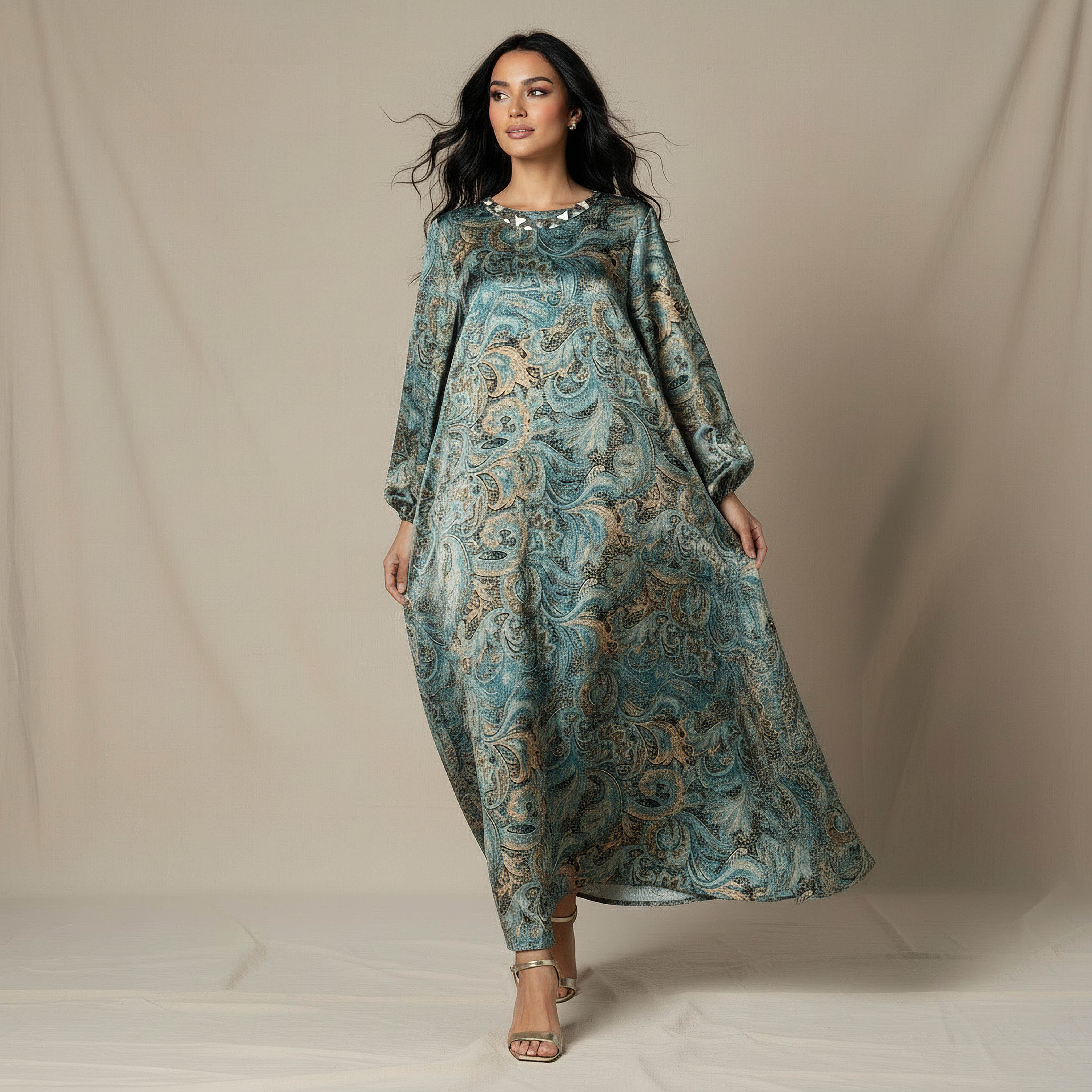 فستان ميدي إيه لاين بطبعات بيزلي وتفاصيل تزيينات-women-clothing-dresses-image-5