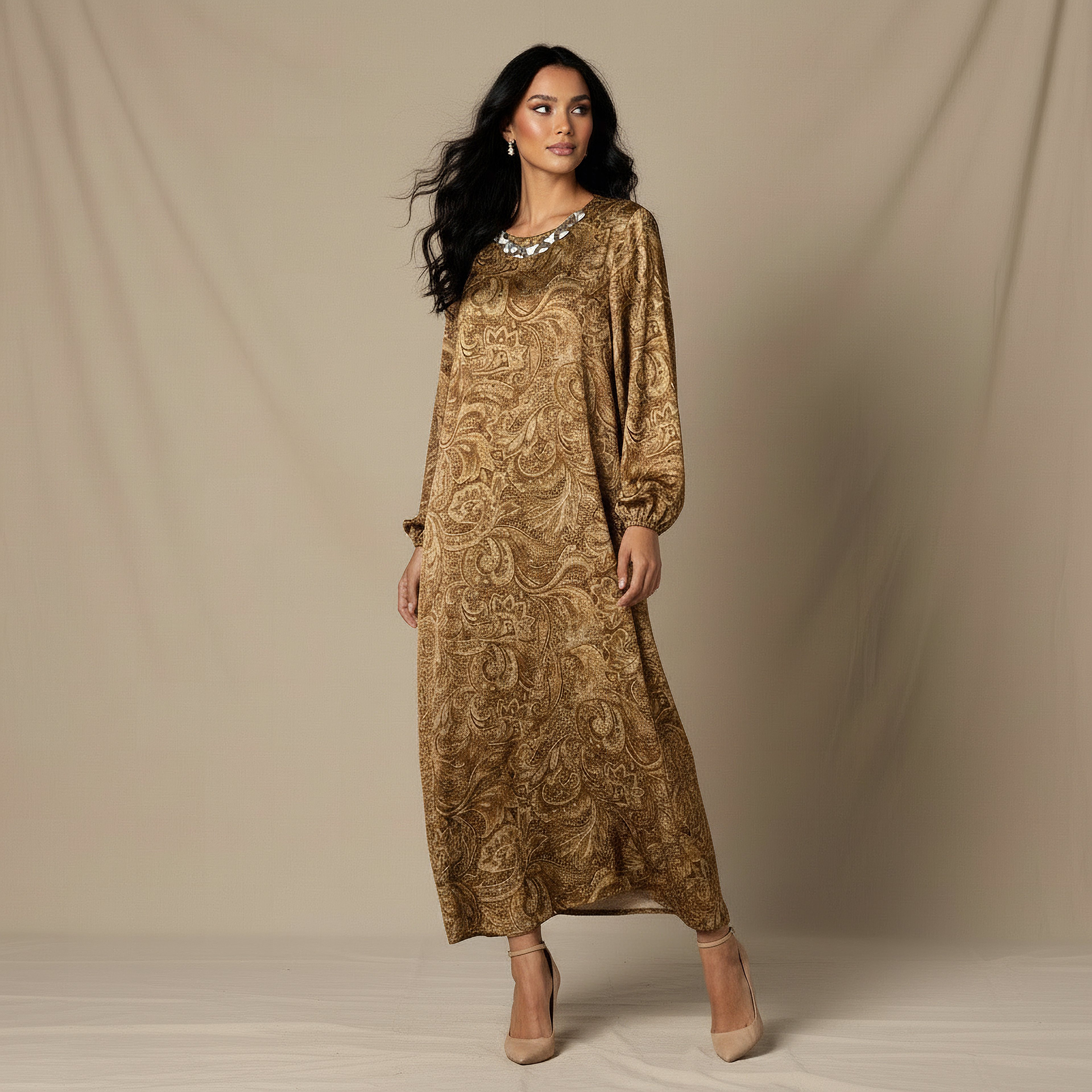 Paisley Print A-line Midi Dress with Embellished Detail-women-clothing-dresses-image-2