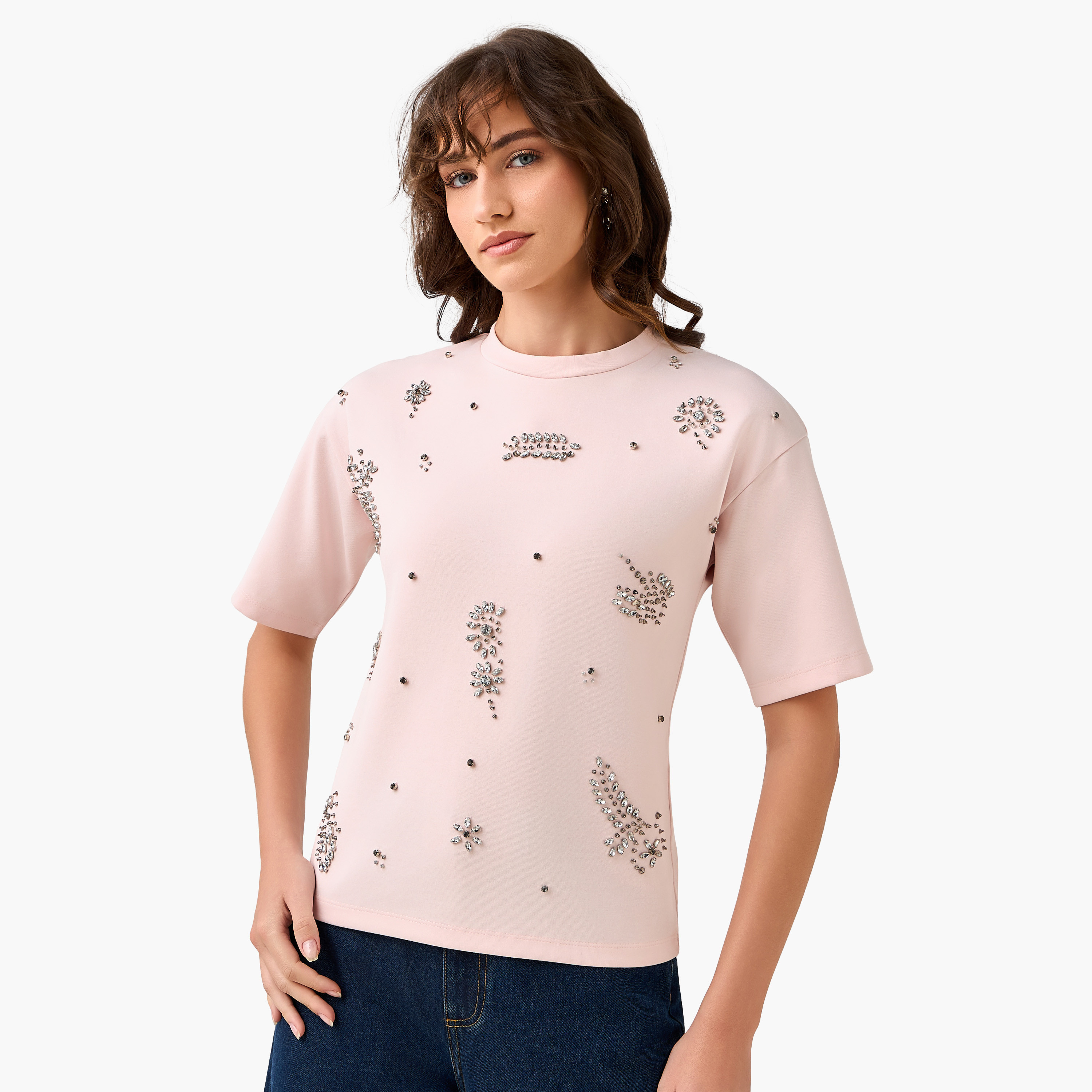 Regular Fit T-shirt with Rhinestone Embellishments-women-clothing-tshirts-image-2
