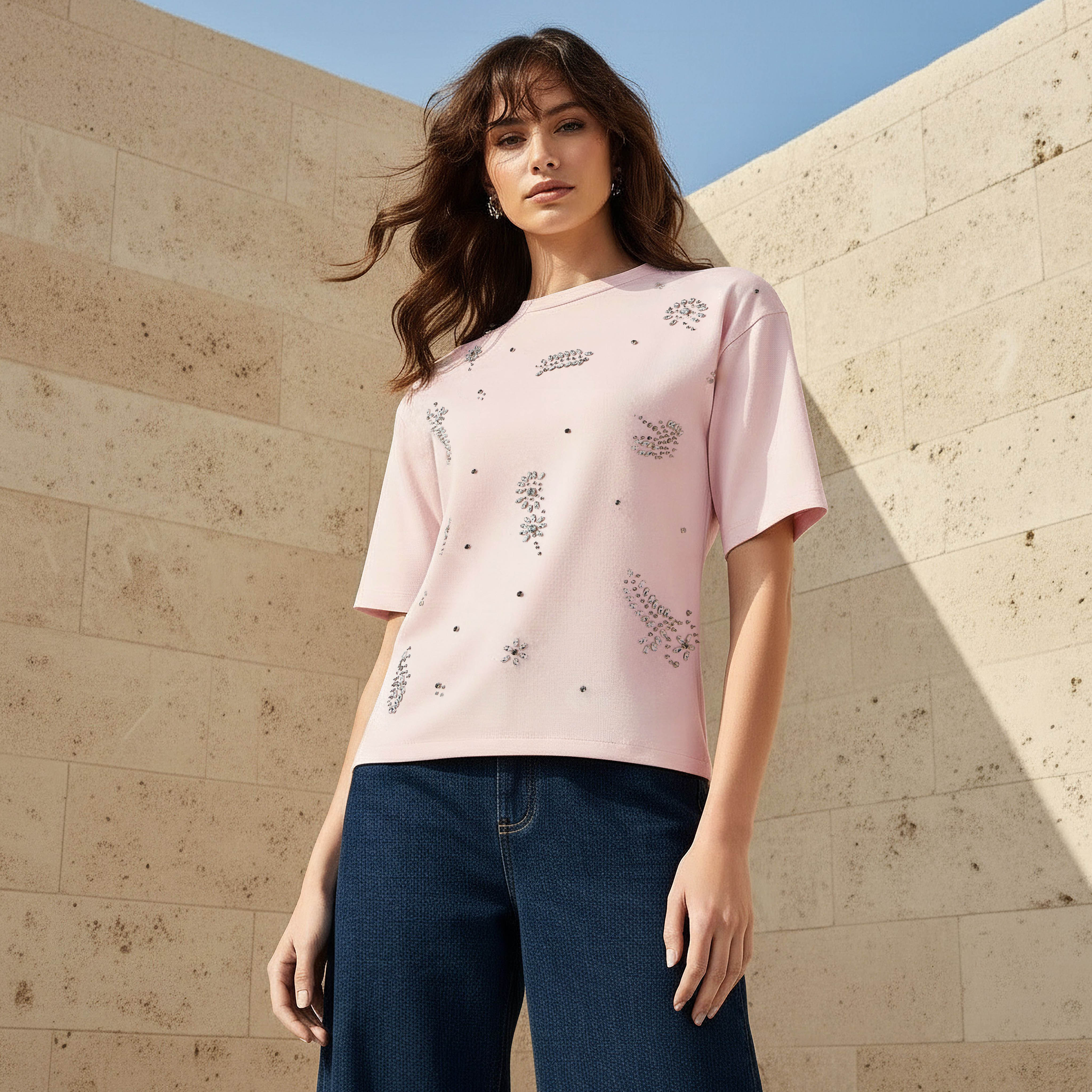 Regular Fit T-shirt with Rhinestone Embellishments-women-clothing-tshirts-image-1