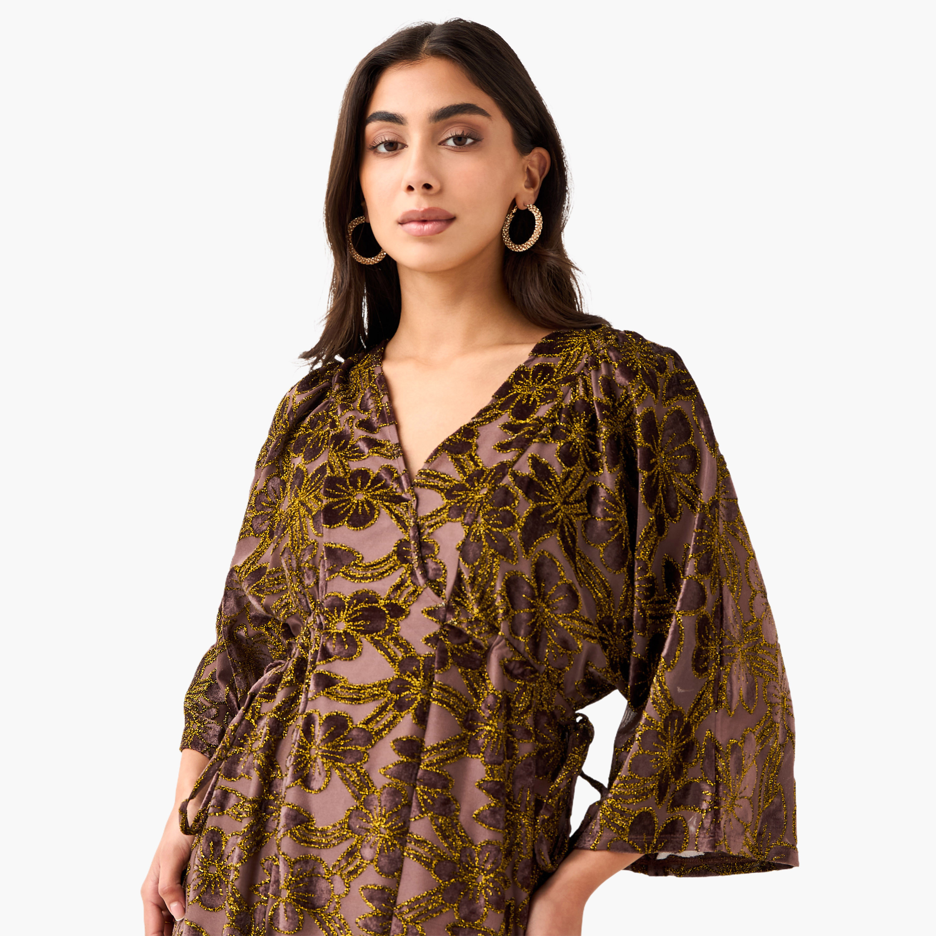 Floral Jacquard Linen Blend Dress with V-neck-women-clothing-dresses-image-5