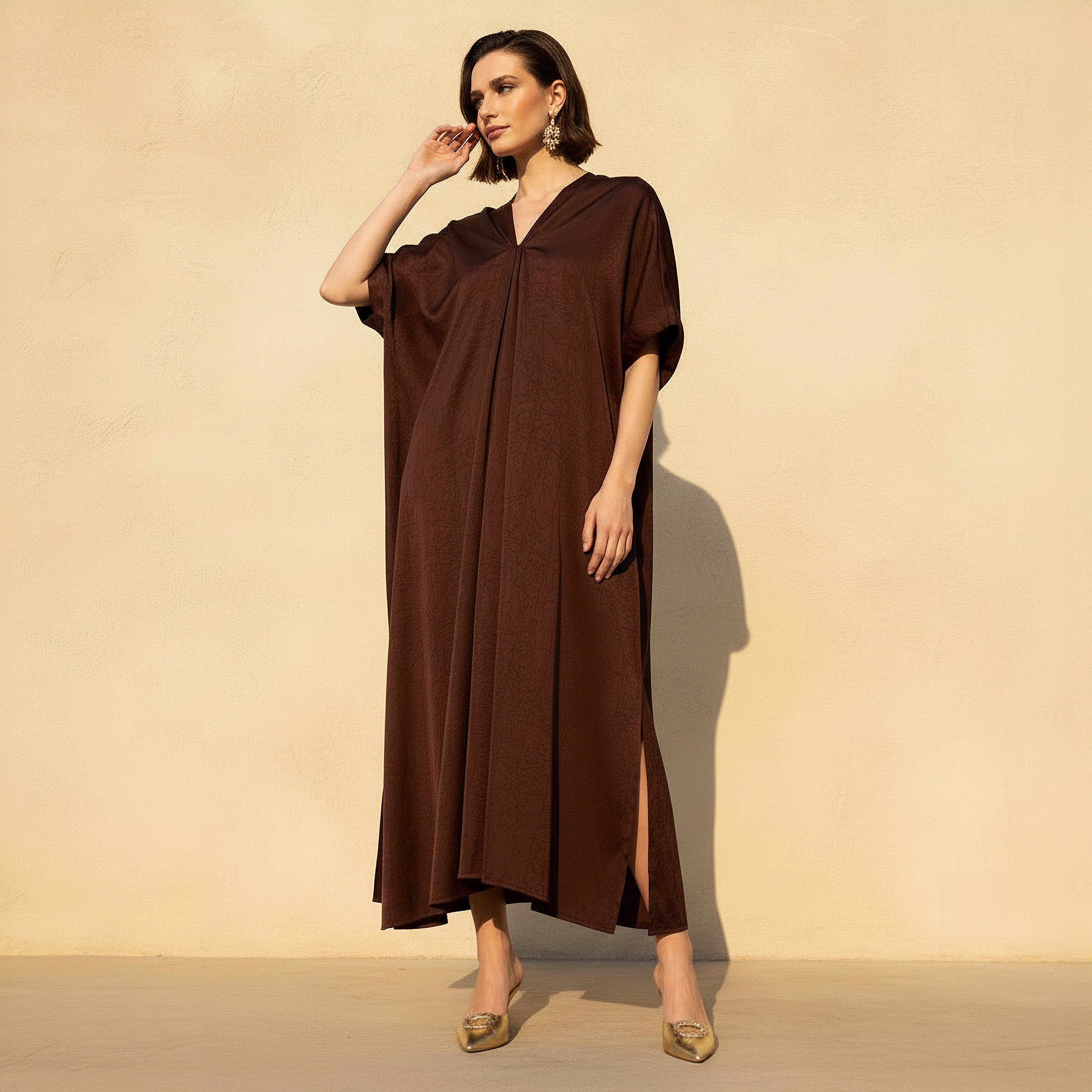 Pleated Textured Kaftan Maxi Dress with V-neck-women-clothing-dresses-image-1