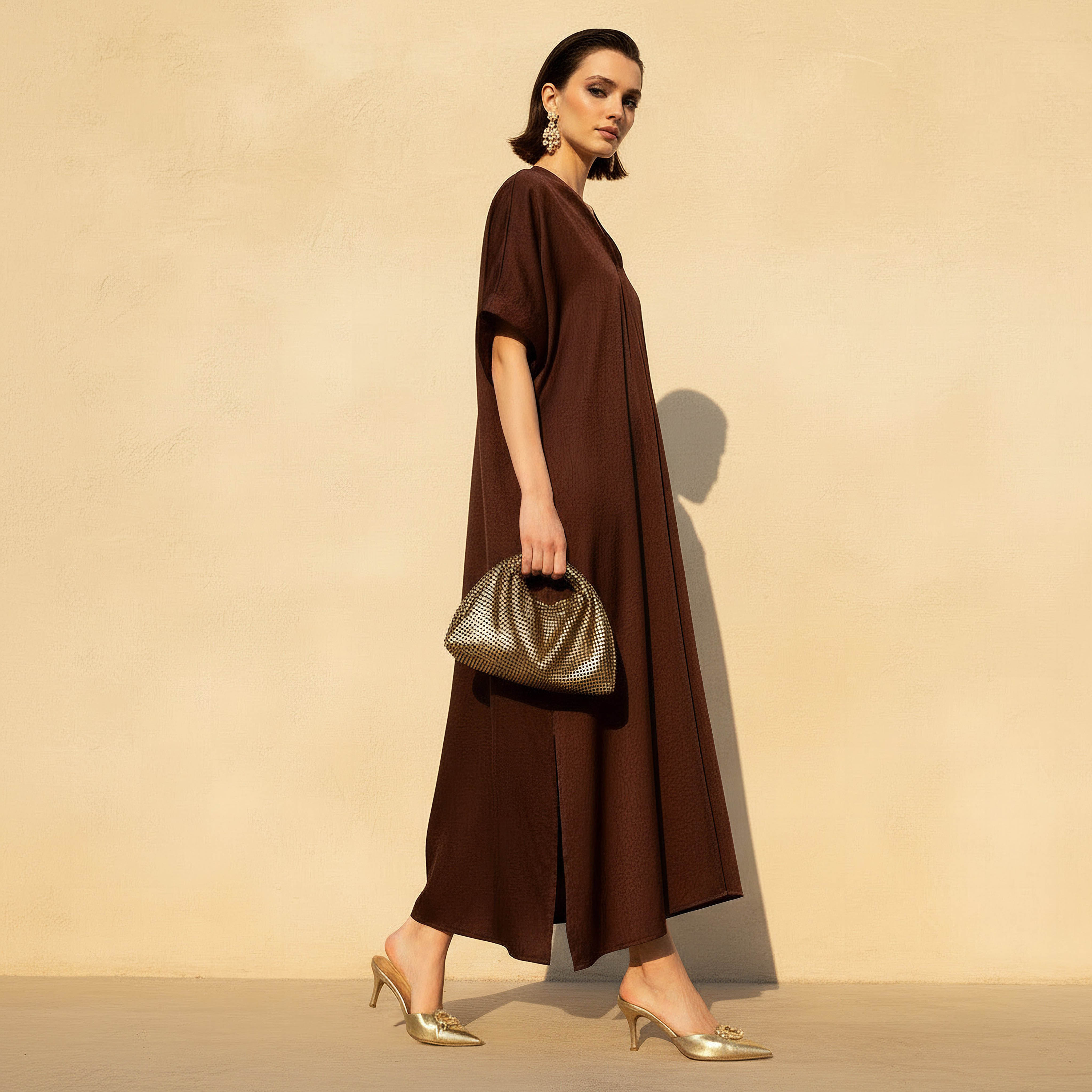 Pleated Textured Kaftan Maxi Dress with V-neck-women-clothing-dresses-image-2
