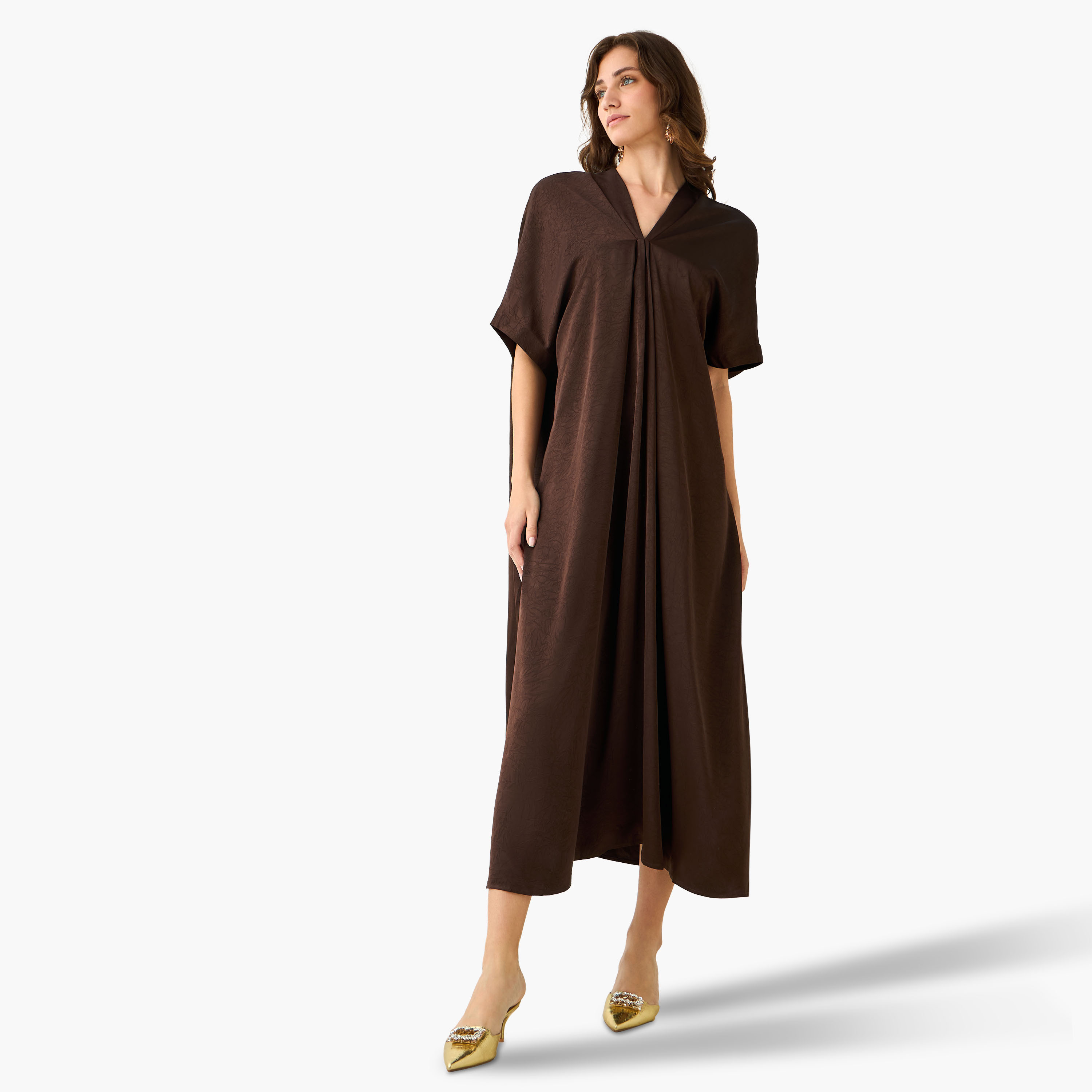 Pleated Textured Kaftan Maxi Dress with V-neck-women-clothing-dresses-image-3