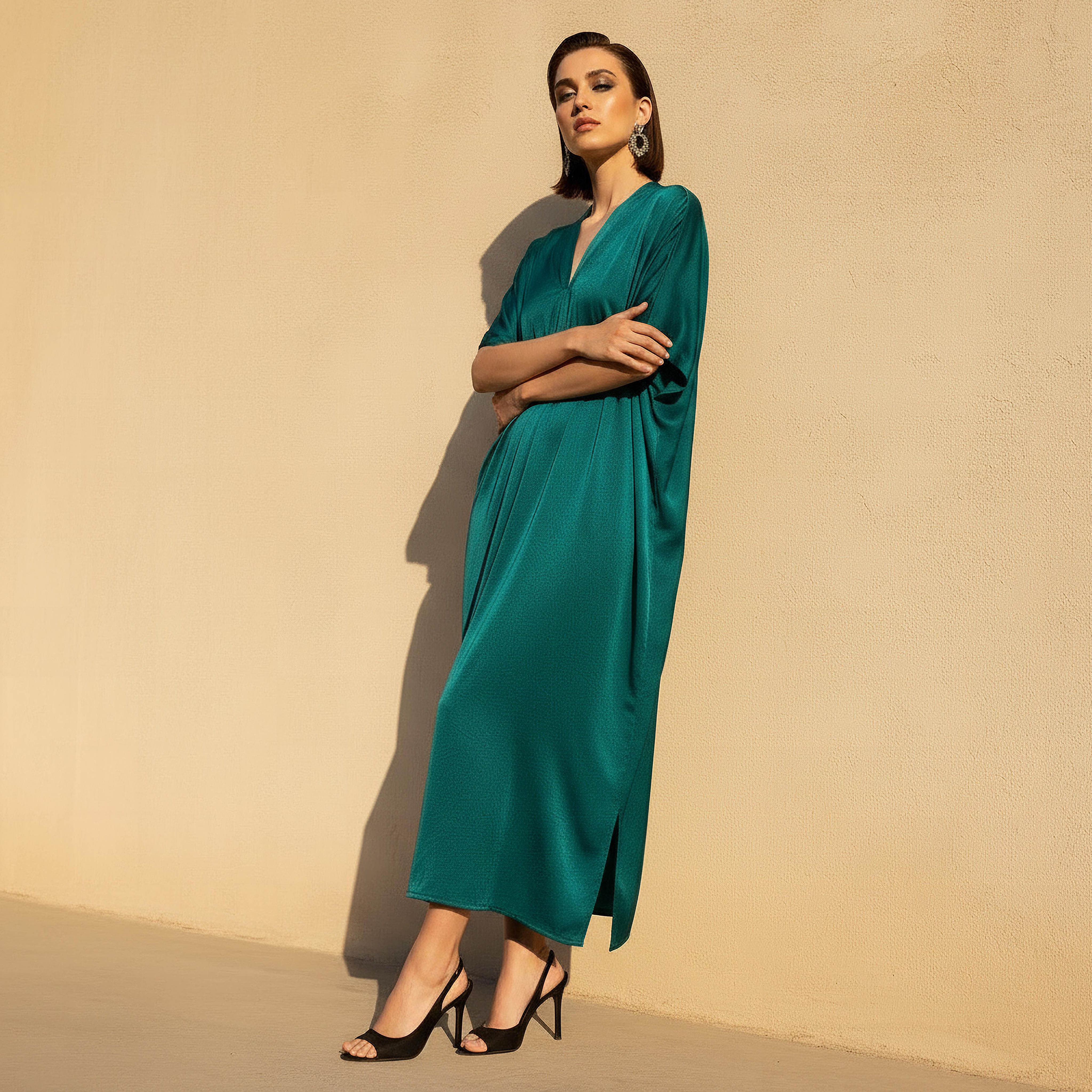 Pleated Textured Kaftan Maxi Dress with V-neck-women-clothing-dresses-image-1
