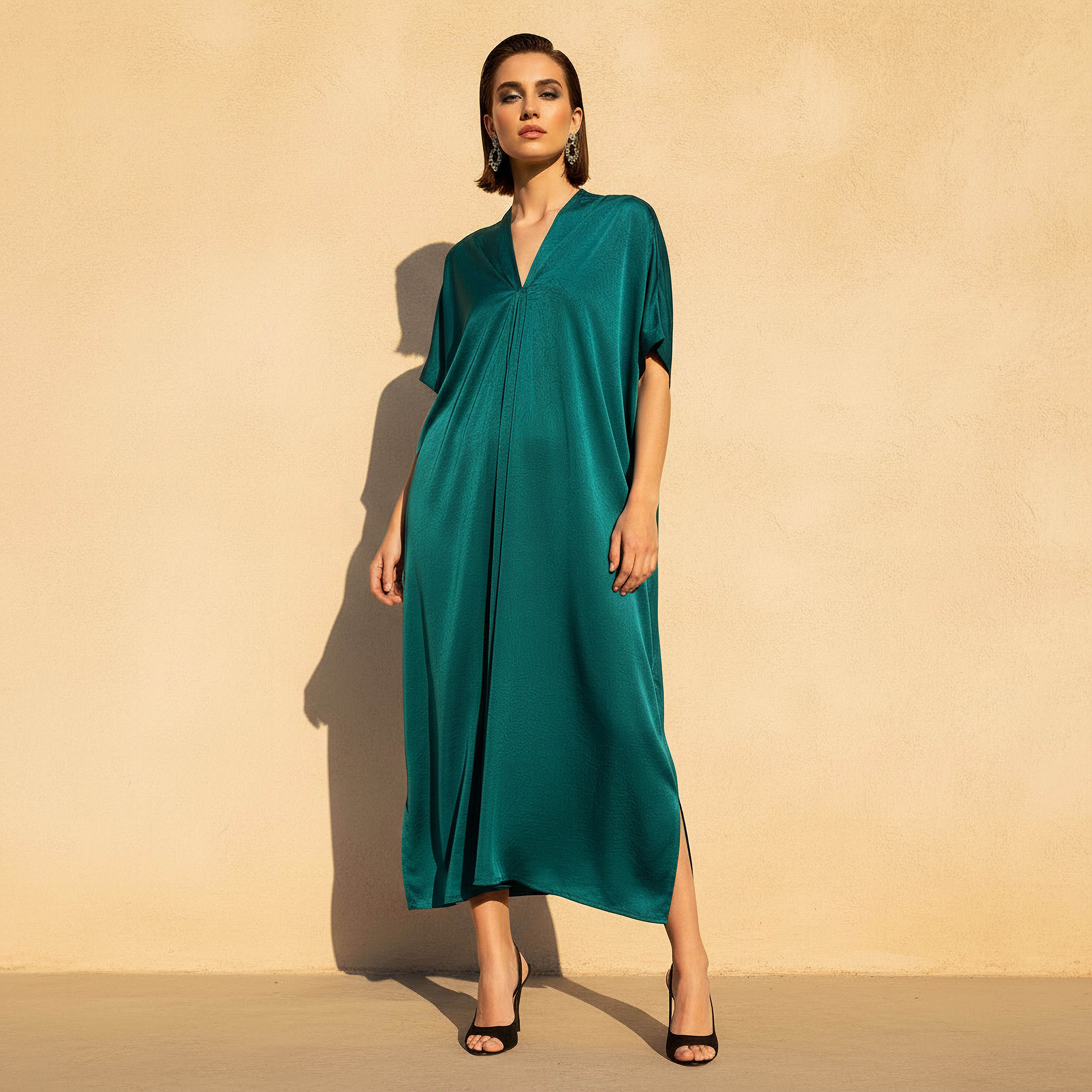 Pleated Textured Kaftan Maxi Dress with V-neck-women-clothing-dresses-image-2