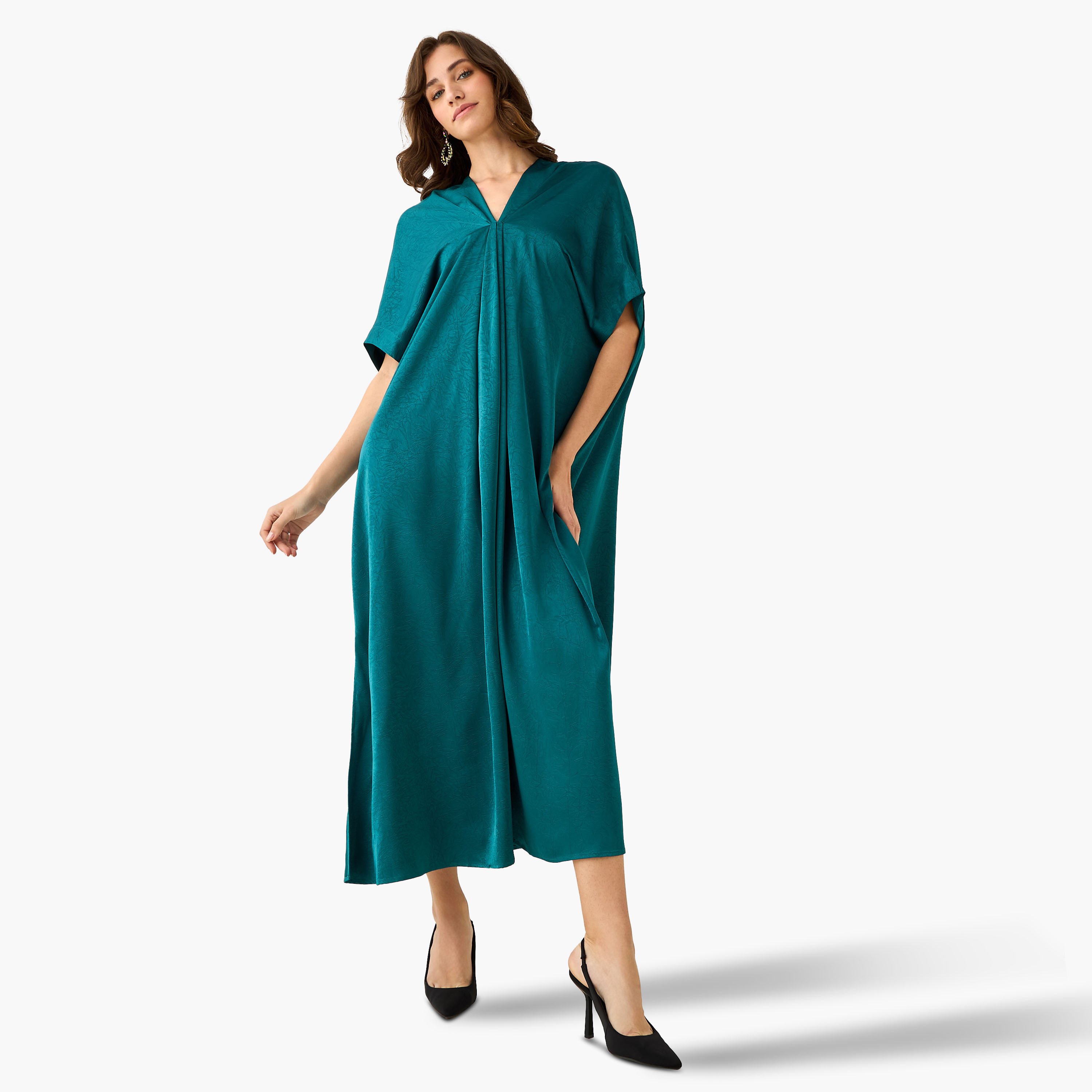 Pleated Textured Kaftan Maxi Dress with V-neck-women-clothing-dresses-image-3