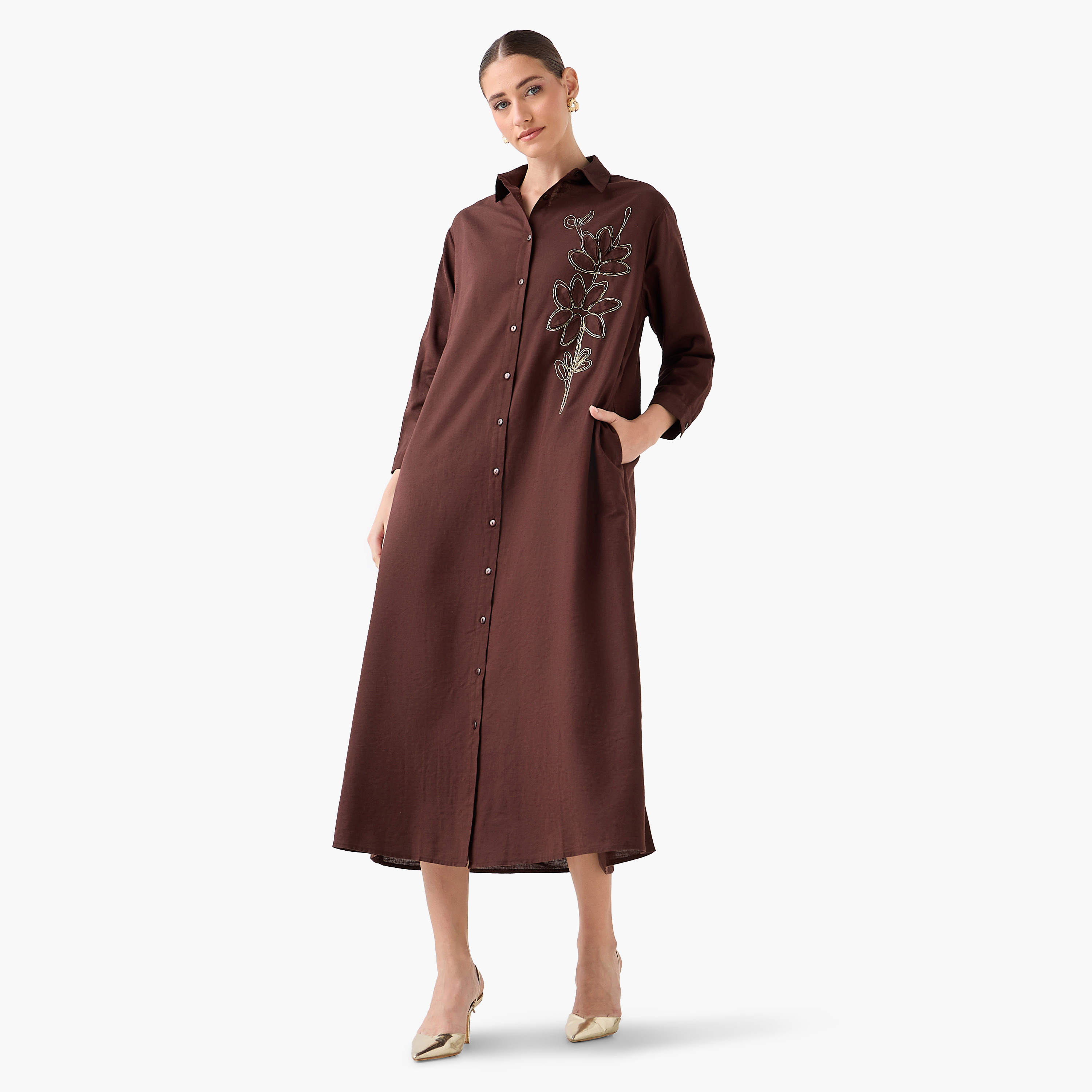 Maxi Shirt Dress with Floral Applique-women-clothing-dresses-image-4