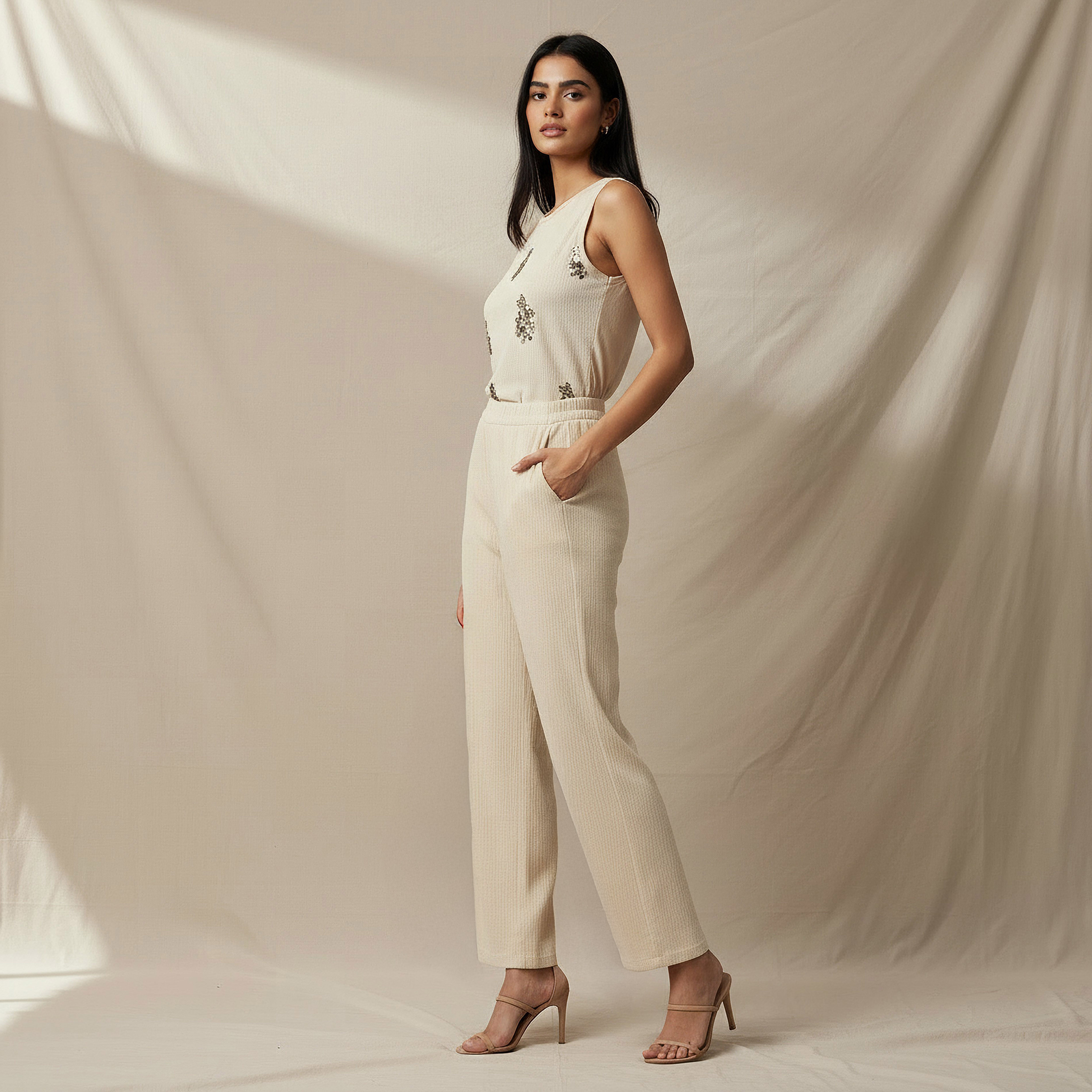 Regular Fit Elastic Waist Textured Pants-women-clothing-coordsets-image-2