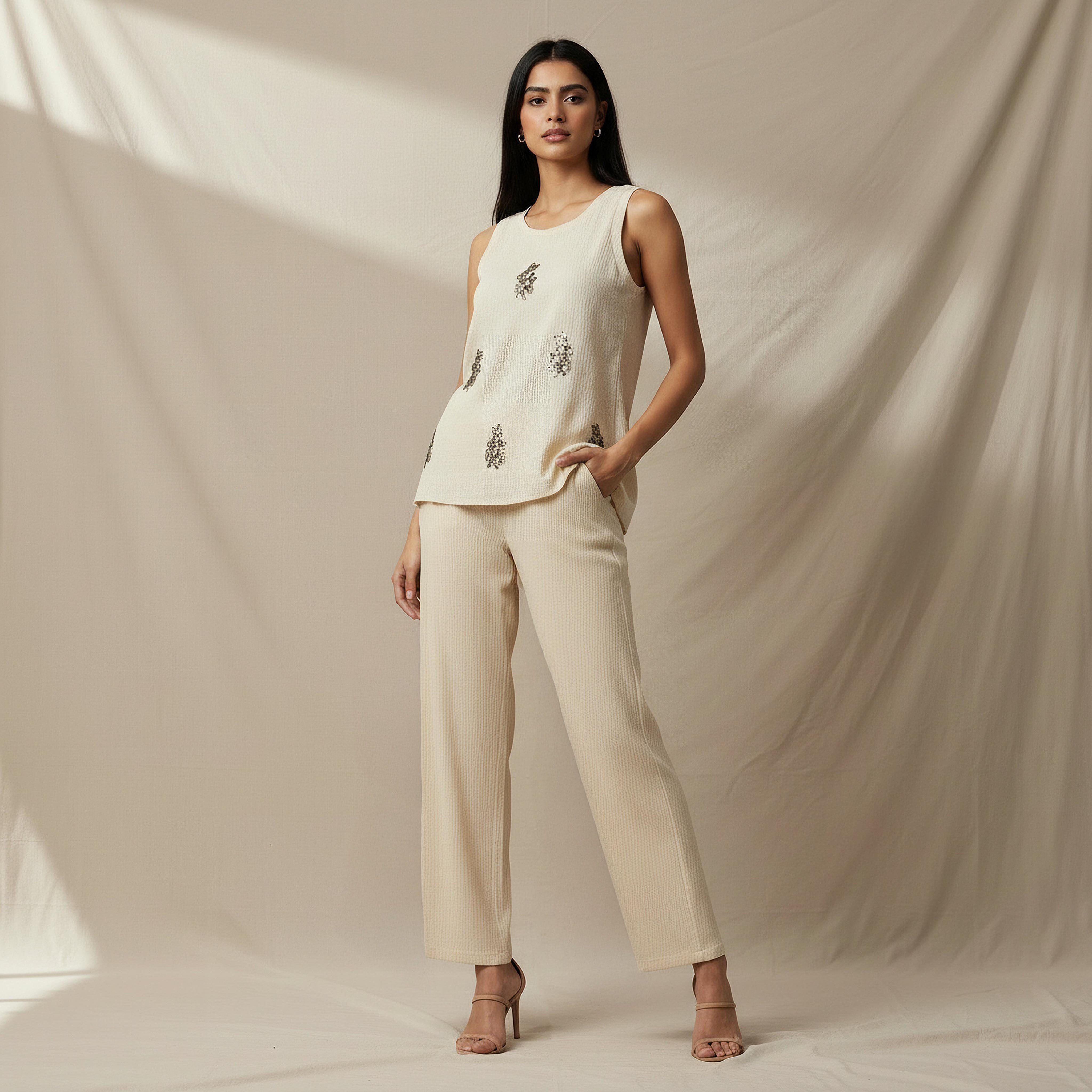 Regular Fit Elastic Waist Textured Pants-women-clothing-coordsets-image-5