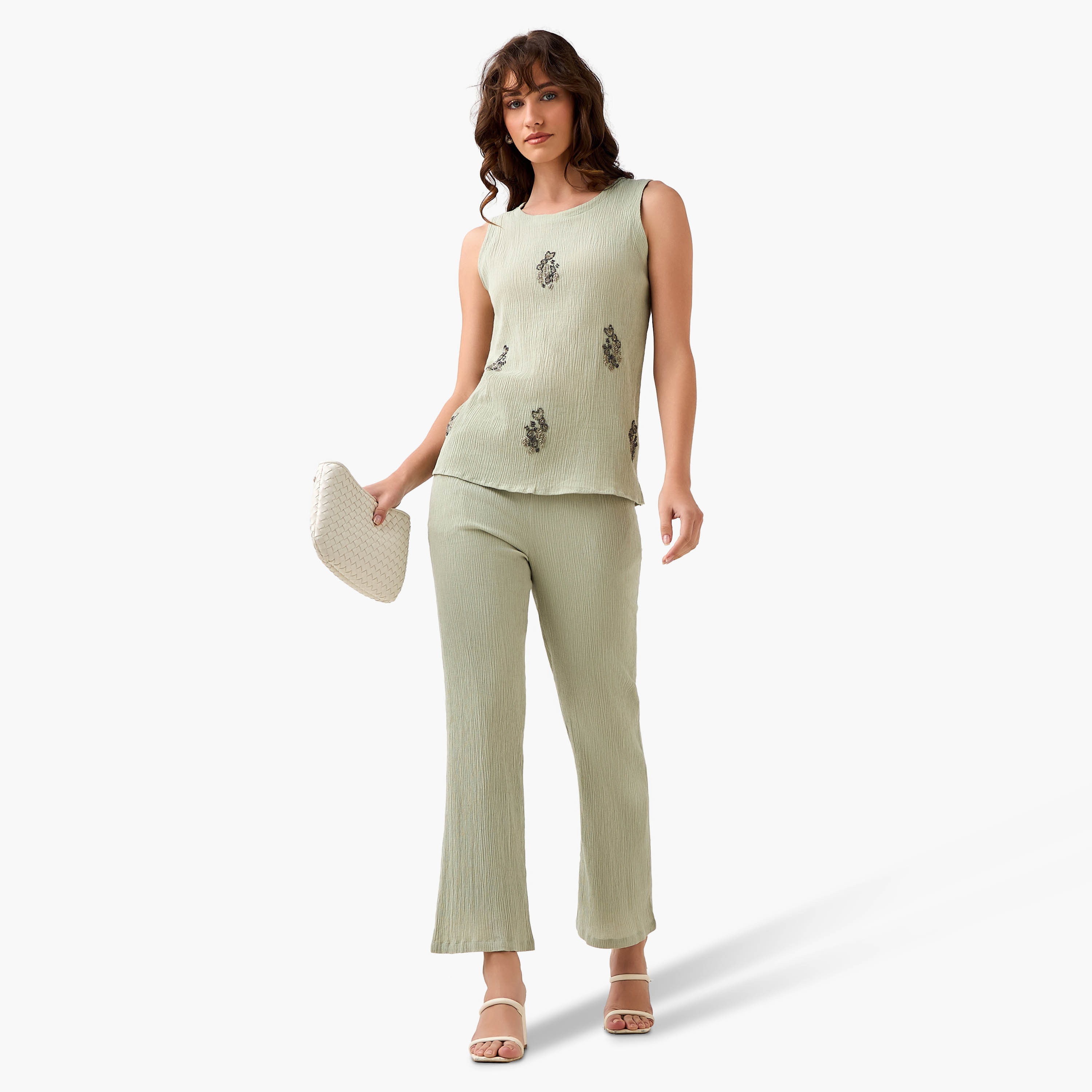Regular Fit Elastic Waist Textured Pants-women-clothing-coordsets-image-2