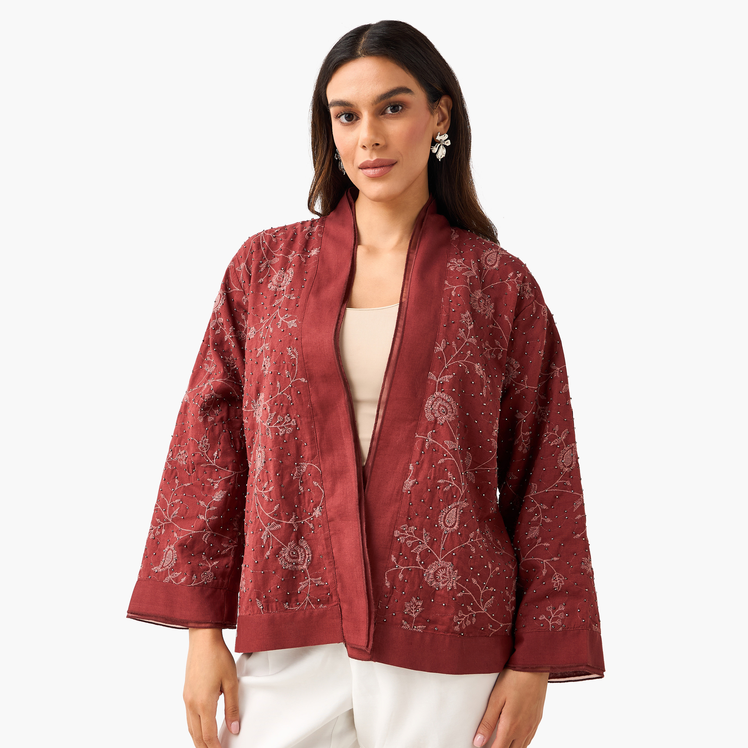 Relaxed Fit Jacquard Shrug with Embellishment-women-clothing-shirtsandblouses-blouses-image-2