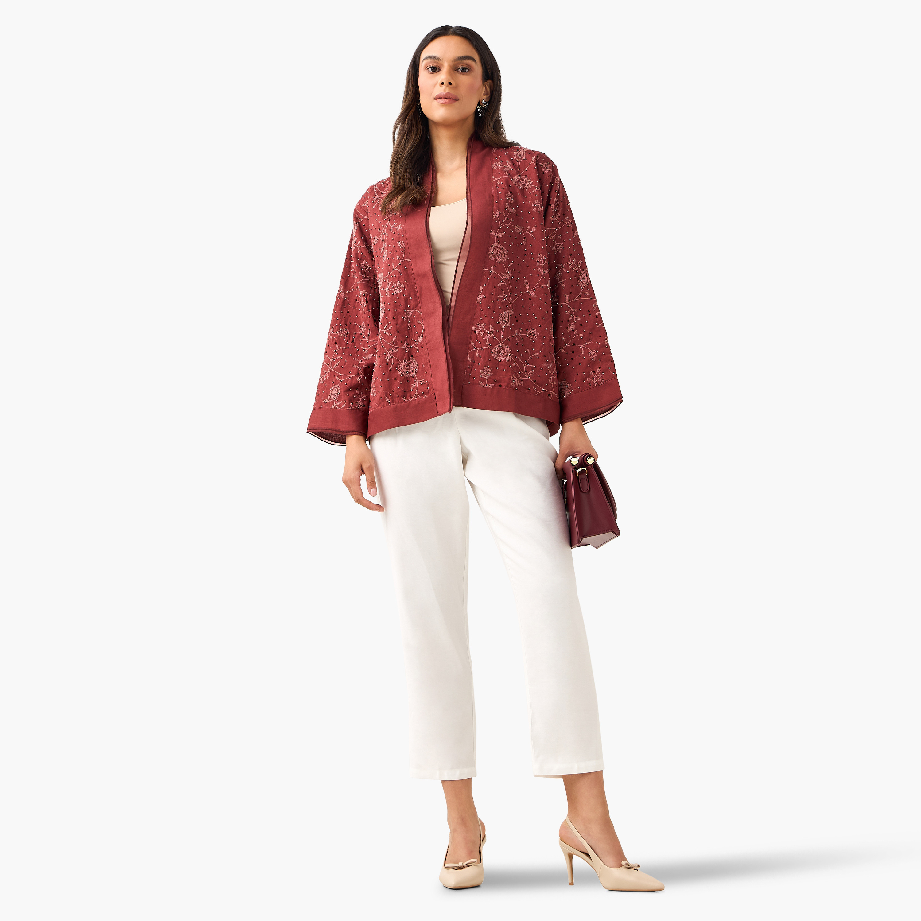 Relaxed Fit Jacquard Shrug with Embellishment-women-clothing-shirtsandblouses-blouses-image-4