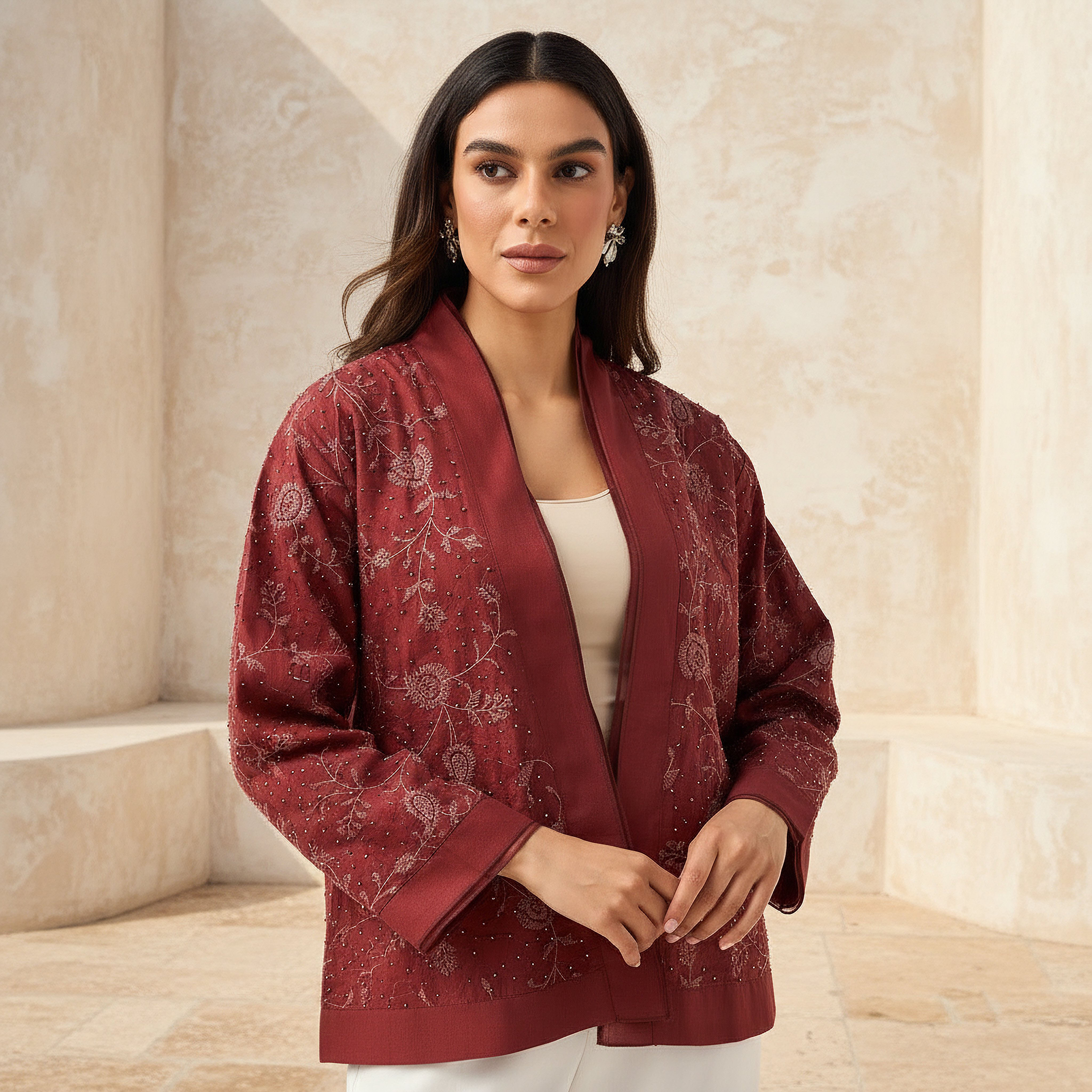 Relaxed Fit Jacquard Shrug with Embellishment-women-clothing-shirtsandblouses-blouses-image-1
