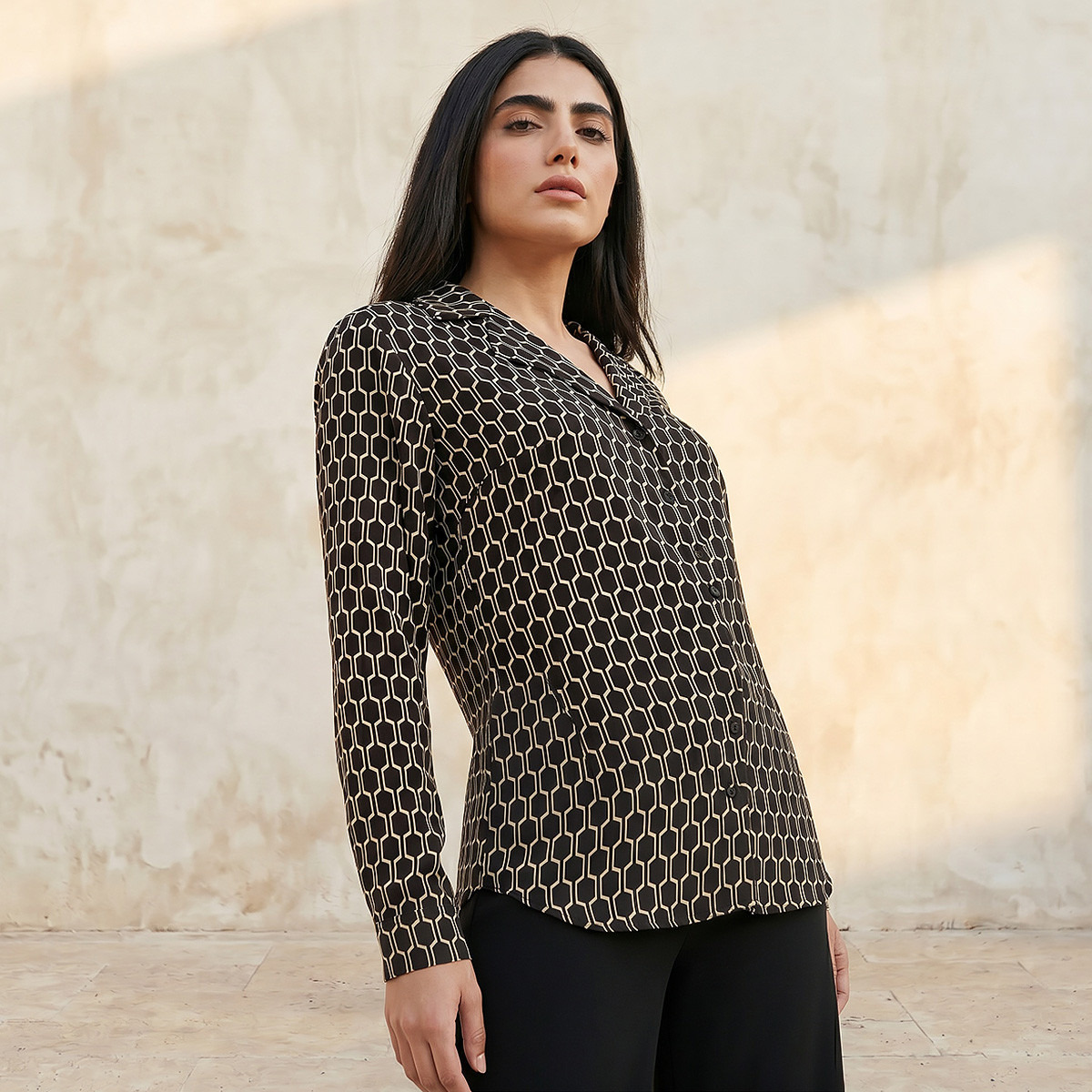 Regular Fit  High-Low Shirt with Notch Collar-women-clothing-shirtsandblouses-shirts-image-1
