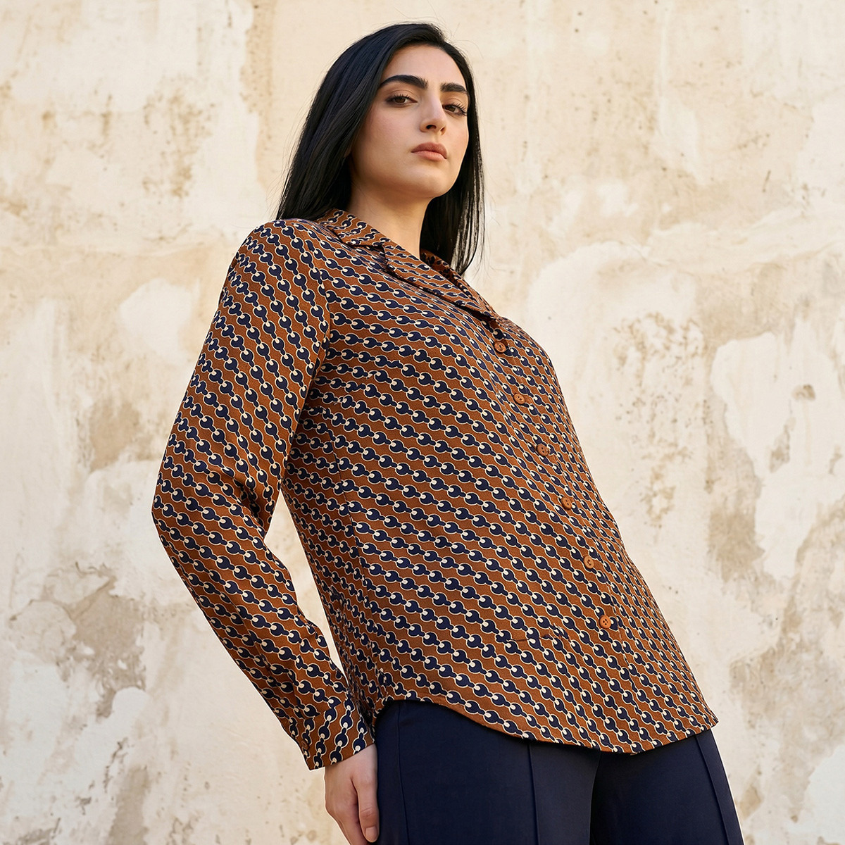 Regular Fit  High-Low Shirt with Notch Collar-women-clothing-shirtsandblouses-shirts-image-1