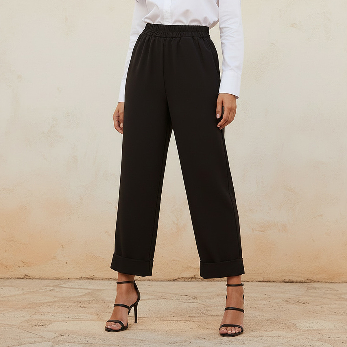 Elasticated Waist Turn Up Trousers-women-clothing-bottoms-trousers-image-1