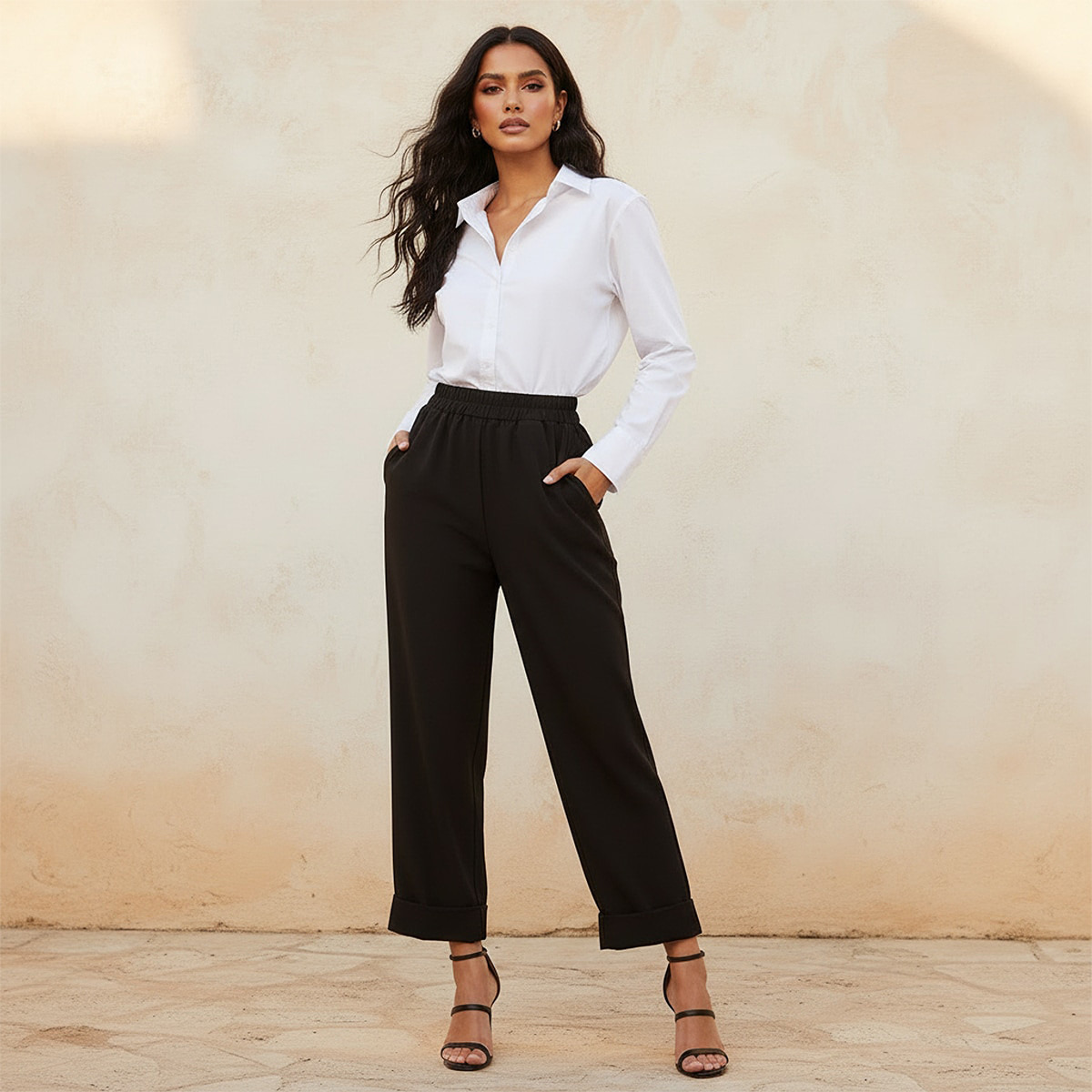 Elasticated Waist Turn Up Trousers-women-clothing-bottoms-trousers-image-3